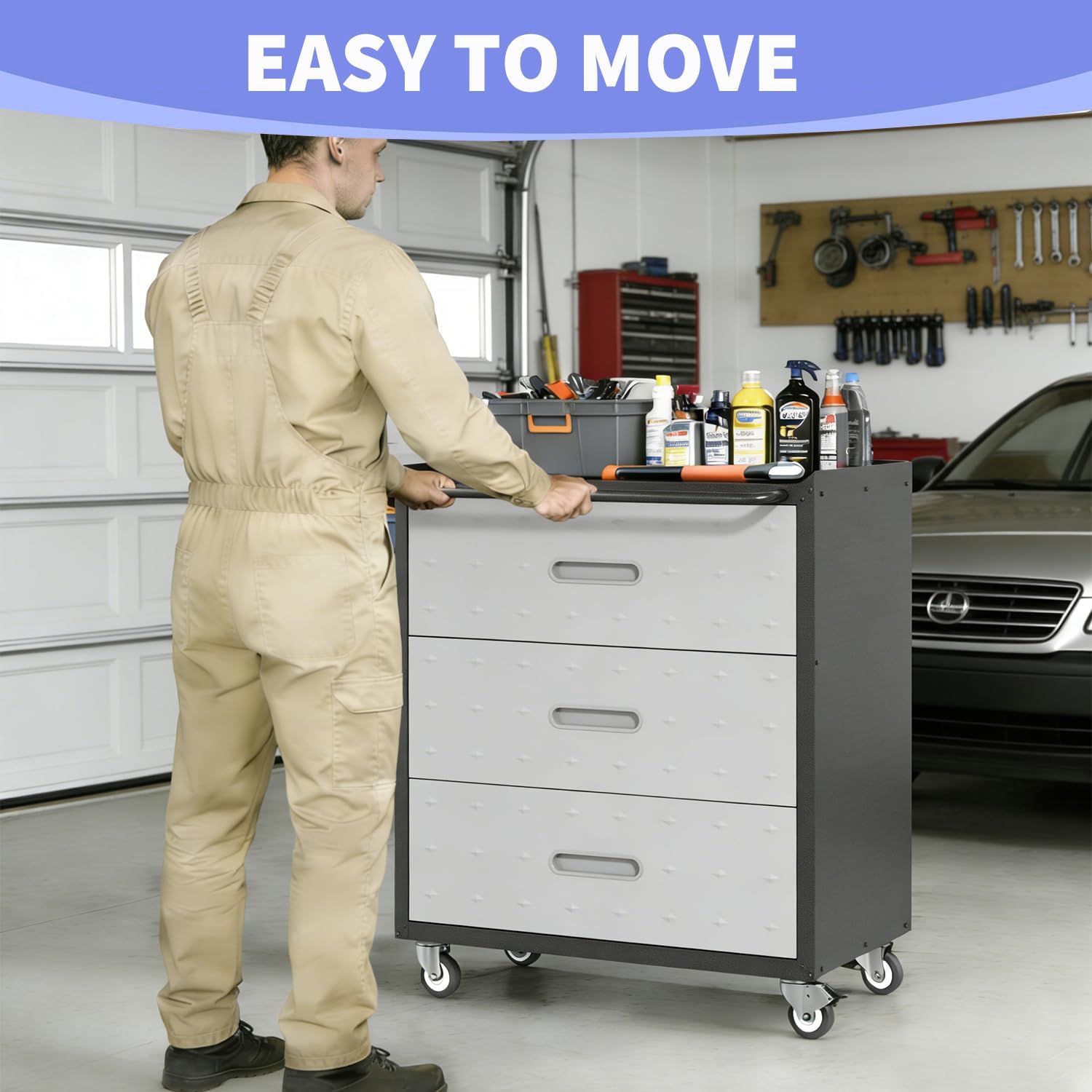 Metal Garage Storage Cabinet with Wheels, Rolling Tool Cabinet with 3 Drawers, Heavy Duty Mobile Steel Cabinet for Garage Warehouse Workshop, Assembly Required
