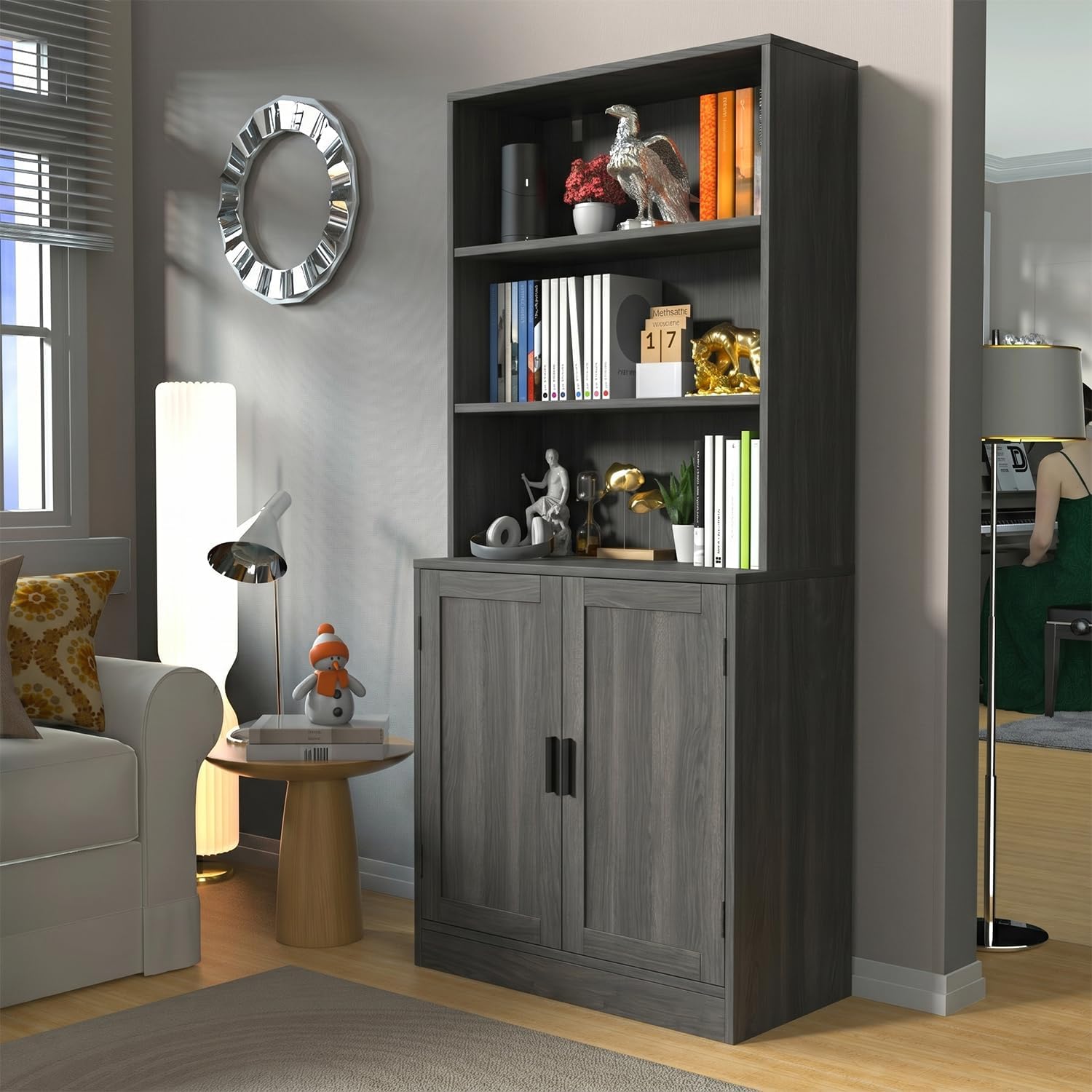 holzart 75' Tall Bookcase with Doors, 5 Tier Large Bookshelf with Cabinet, Standing Wood Display Book Shelf for Living Room, Office, Library with Doors, Dark Grey
