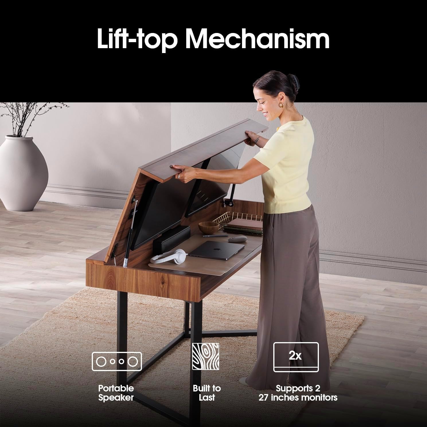 Transformer Table - Dining Table to Computer Desk, Work-from-Home Office, Gaming Desk, Study Desk, Space-Saving Furniture, Multiuse Dining Table, Royal Brown