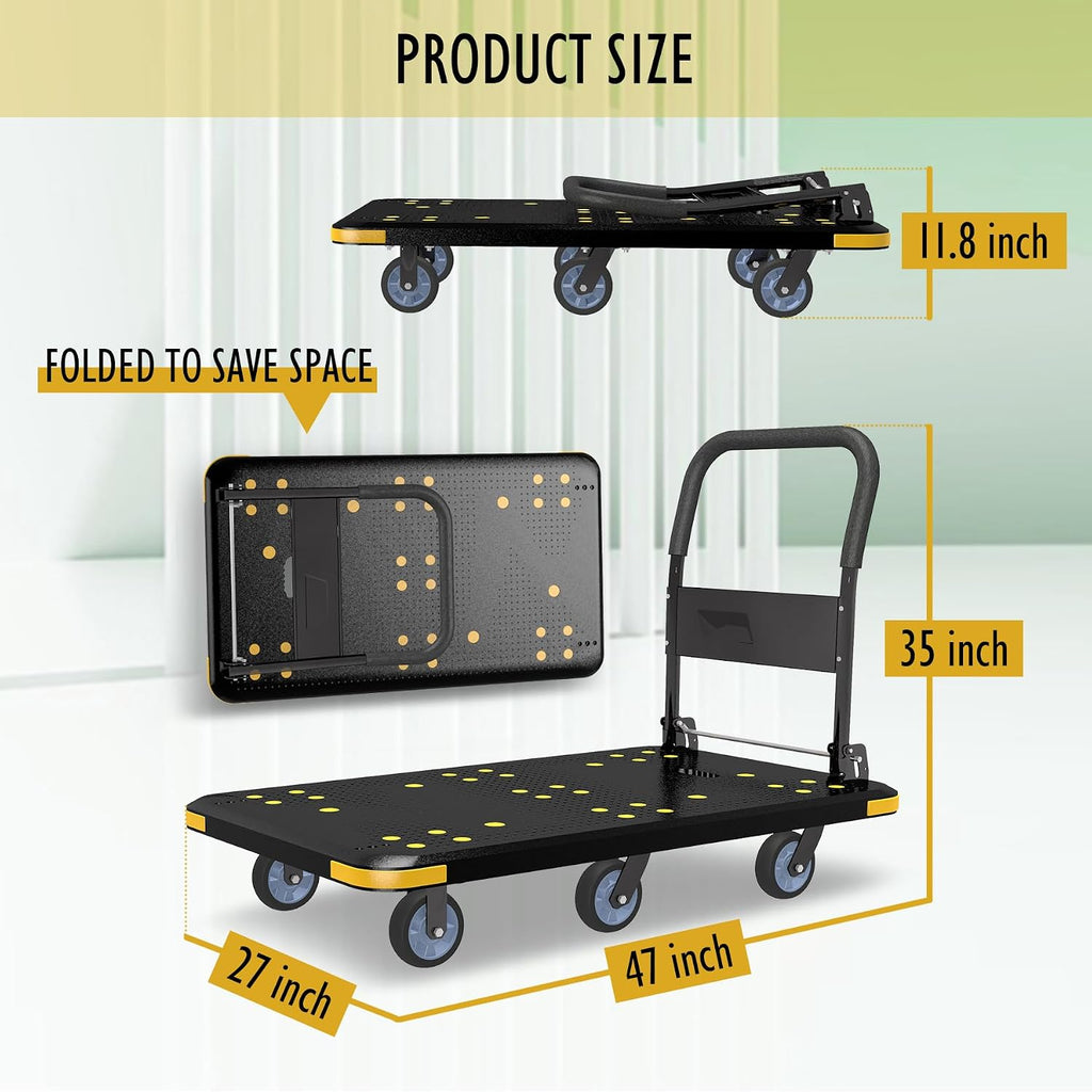 Heavy-Duty Foldable Platform Cart with 6 Wheels & 2000LB Capacity - 360° Swivel & Fixed Casters, Collapsible Push Cart Dolly Black Plastic Trolley, 5' Wheels, Spare Tire & Anti-Collision Corners