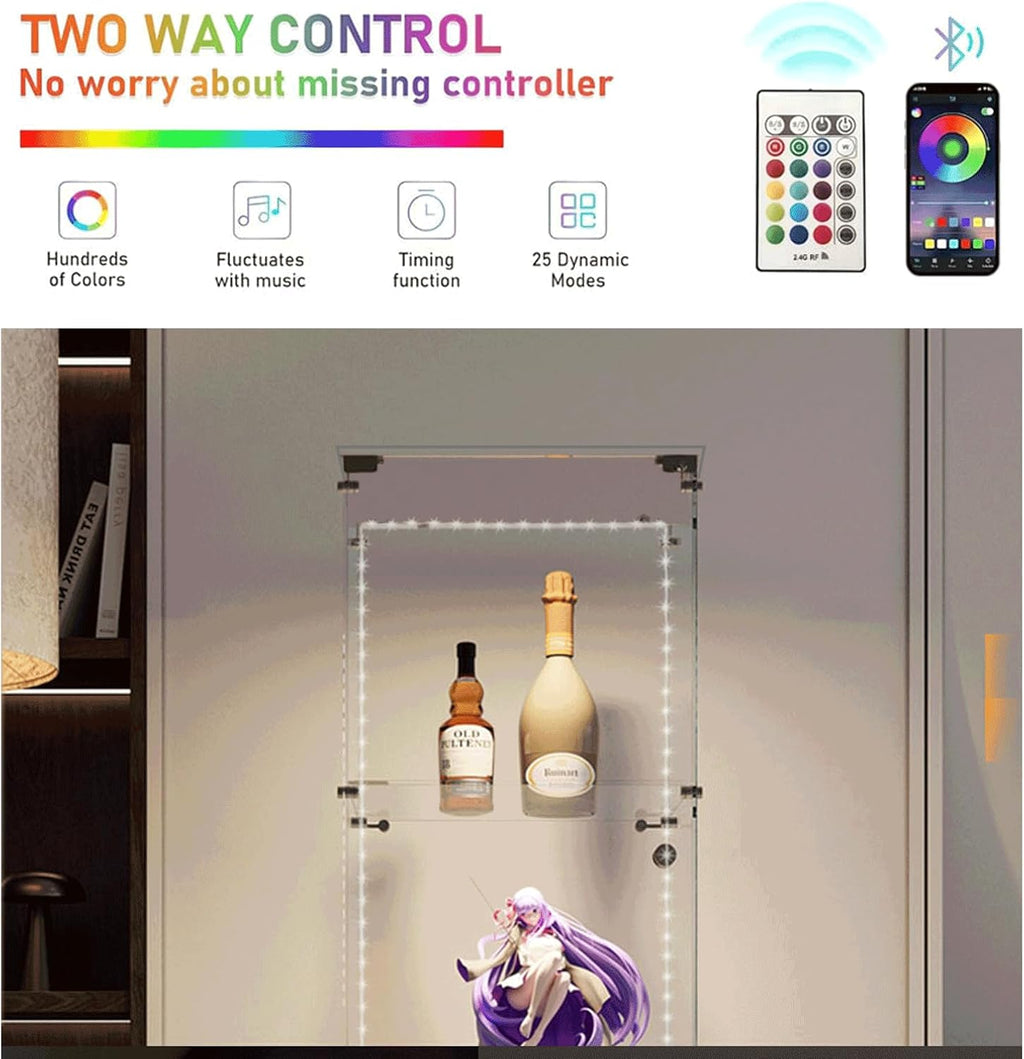 JT Glass Display Cabinet 4 Shelves with Door, Bluetooth LED Light Strip, Easy to Install, Tempered Glass Top, Floor Standing Curio Bookshelf for Living Room Bedroom Office (Black with LED)