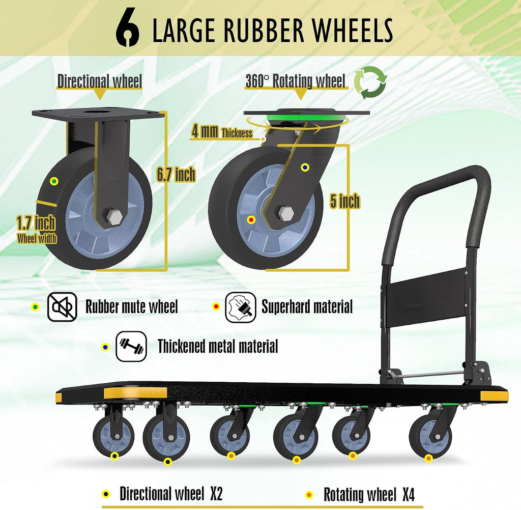 Heavy-Duty Foldable Platform Cart with 6 Wheels & 2000LB Capacity - 360° Swivel & Fixed Casters, Collapsible Push Cart Dolly Black Plastic Trolley, 5' Wheels, Spare Tire & Anti-Collision Corners