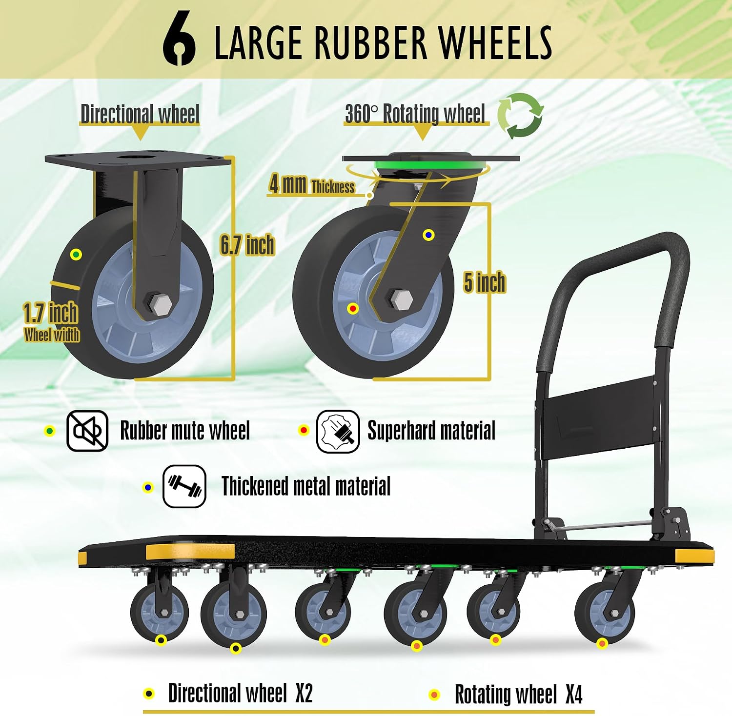 Heavy-Duty Foldable Platform Cart with 6 Wheels & 2000LB Capacity - 360° Swivel & Fixed Casters, Collapsible Push Cart Dolly Black Plastic Trolley, 5' Wheels, Spare Tire & Anti-Collision Corners