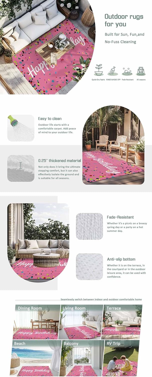 Outdoor Rug 4x6ft Colorful Happy Birthday Patio Area Rugs Waterproof Easy Cleaning Non Shedding Thick Mats Pink Carpet for Indoor Outdoor Porch Deck Backyard Balcony