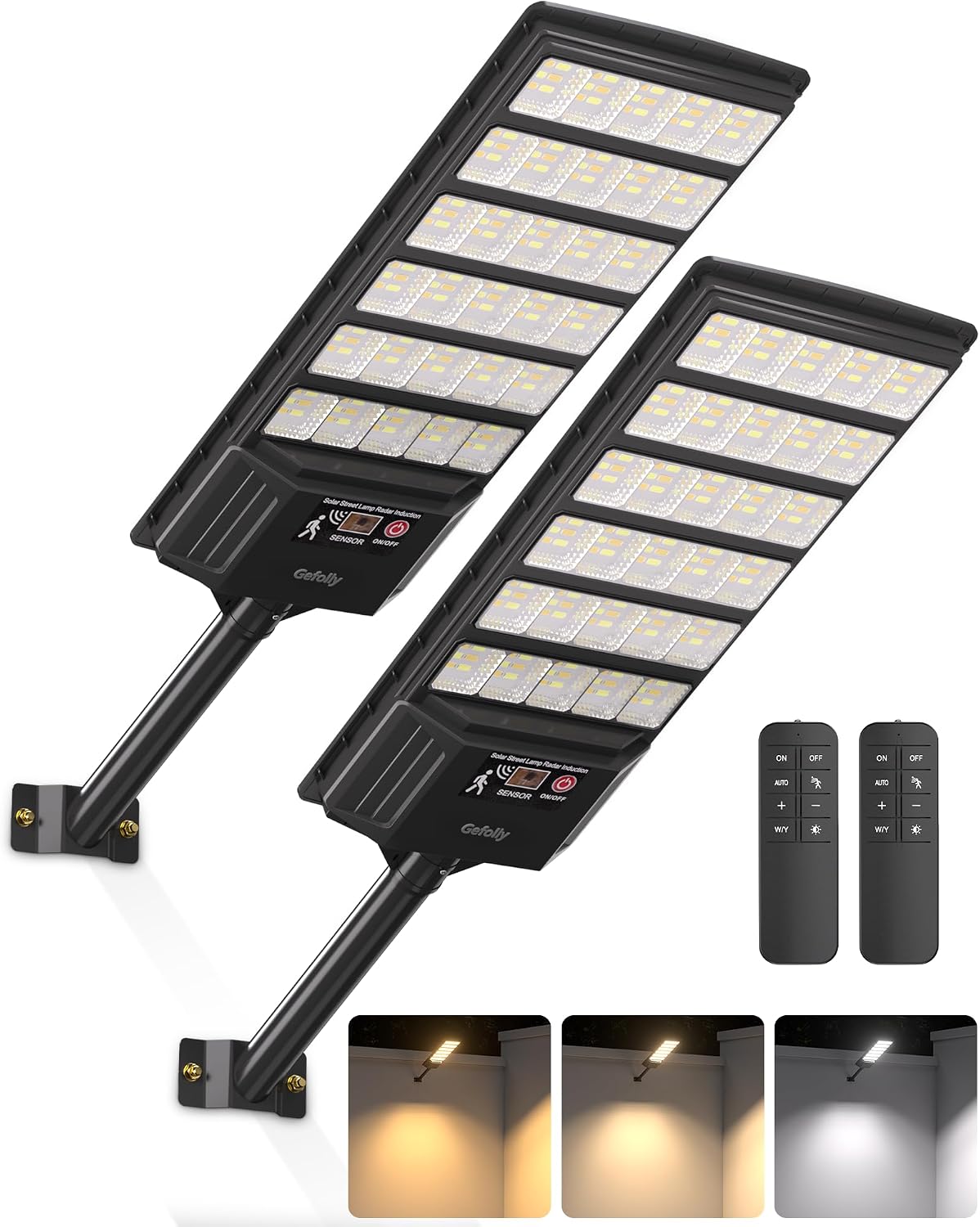 Gefolly Solar Lights Outdoor, 3000K/4000K/6000K Street Lights Outdoor Dusk to Dawn, IP67 Waterproof Solar Flood Security Lights with Motion Sensor for Warehouse, Yard, Garage-2Pack