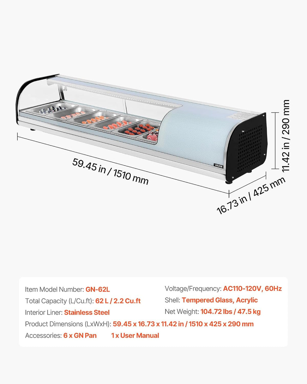 VEVOR Sushi Display Case Refrigerator, 2.2 Cu.ft Commercial Sushi Case, 6-Pan Countertop Showcase with Curved Glass, LED Lighting, and Digital Temperature Control, for Sushi-Bar, Restaurant, Store