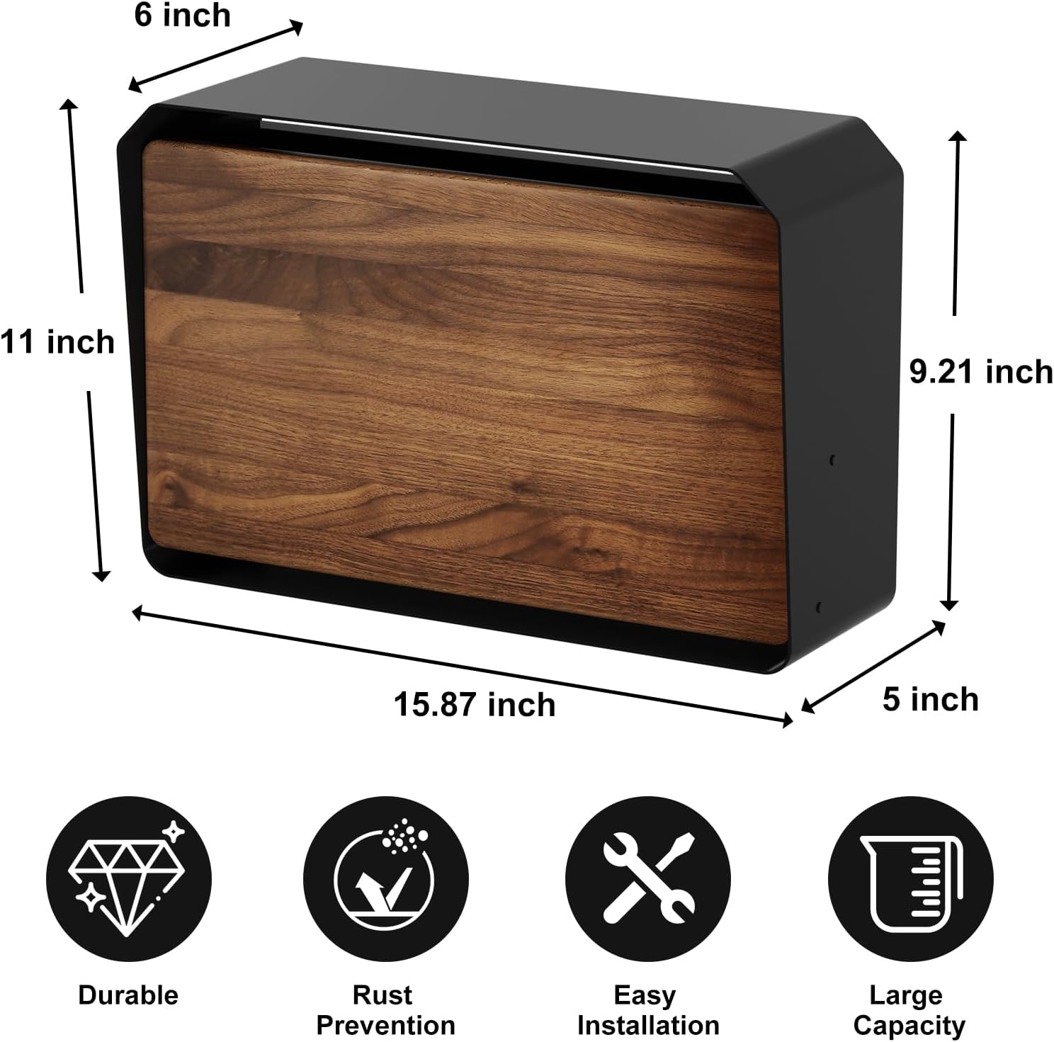 Wall-Mount Mailbox for House - Walnut & Galvanized Steel Rust-Proof Metal Post Box, Large Capacity, Easy to Install Wall Mount, Mailboxes for Outside House Porch