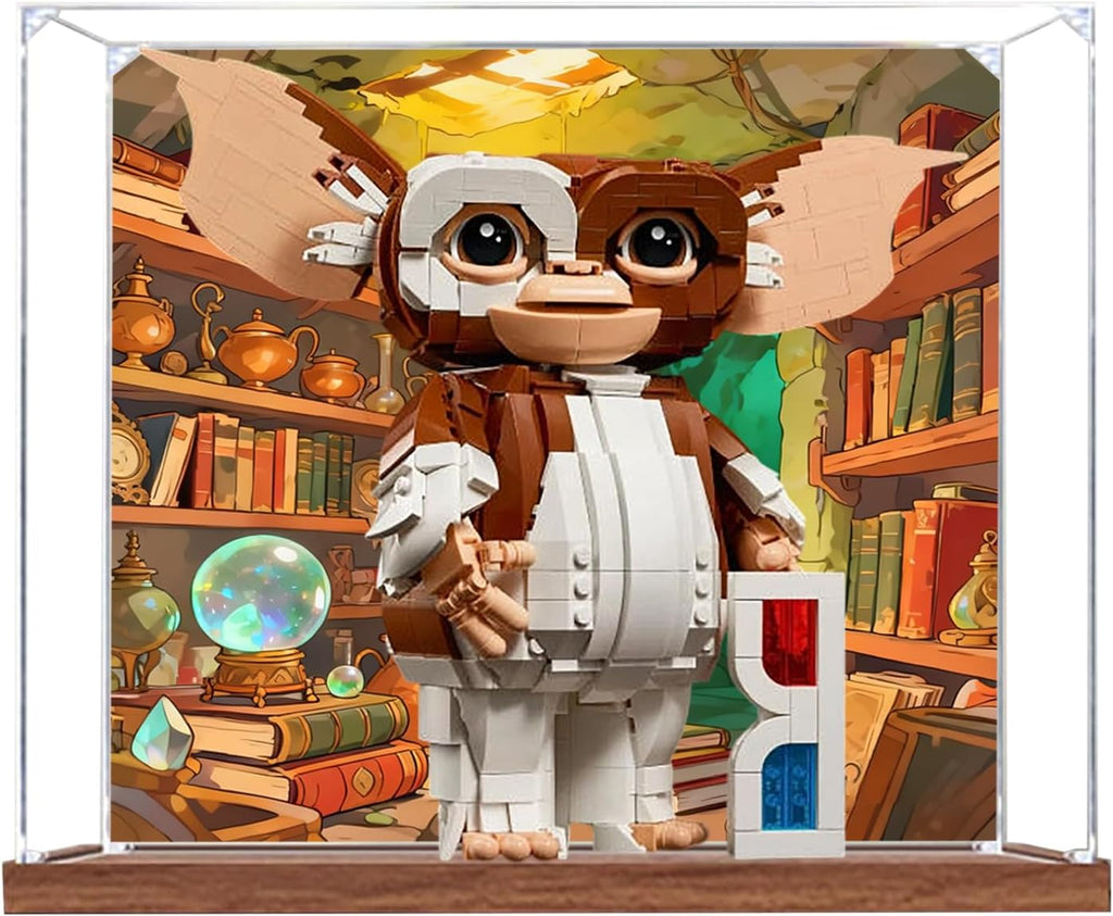 Acrylic Display Case for Lego 21361 Gremlins Building Set– Dustproof Display Box & Showcase, Display Box Compatible with Lego 21361 -Only Display case (Back Spray 1) (Back Spray Wooden Base 2)