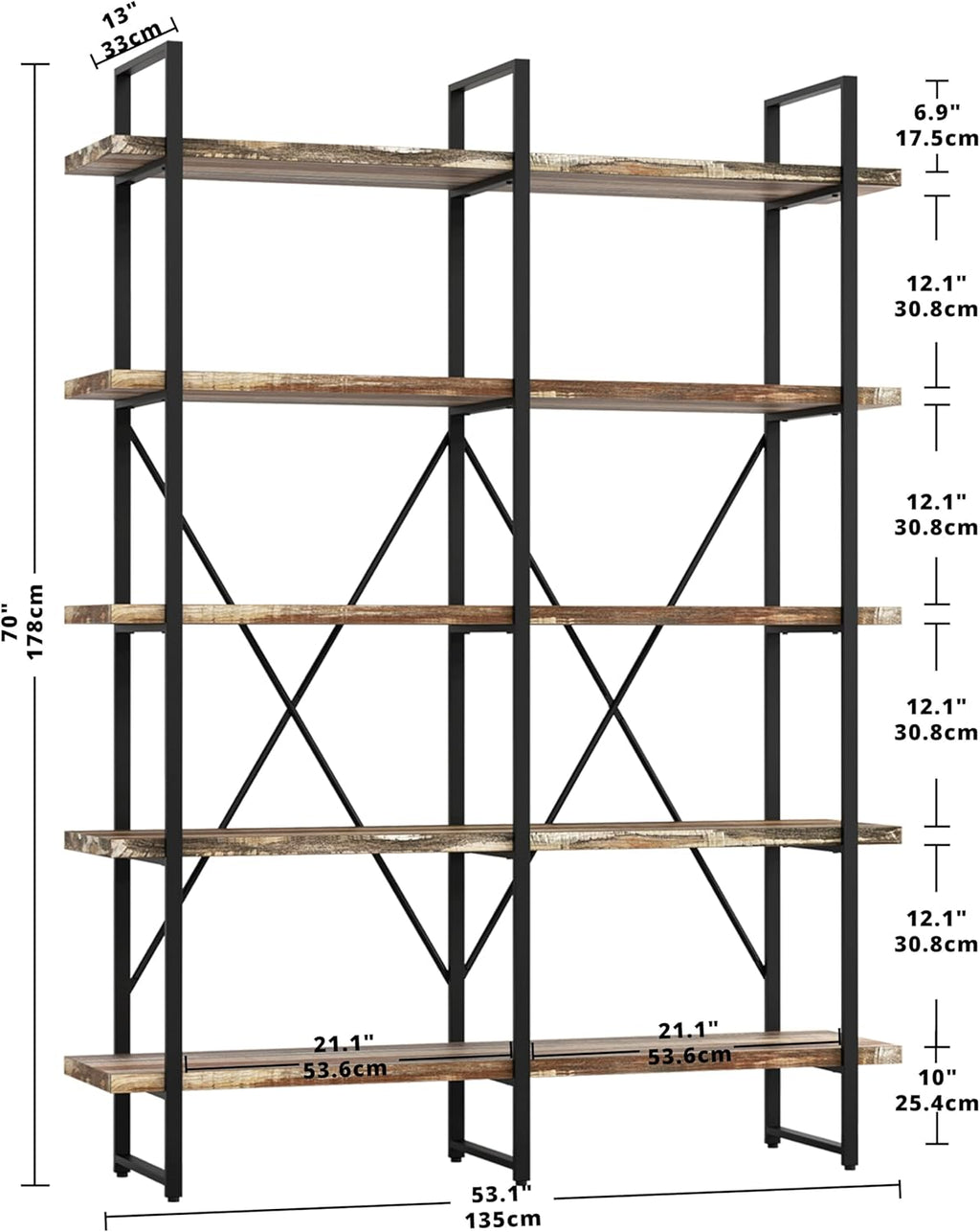 IRONCK Bookshelf, Double Wide 5-Tier Open Bookcase Vintage Industrial Large Shelves, Wood and Metal Etagere Bookshelves, for Home Decor Display, Office Furniture, 13D x 53.1W x 70H in