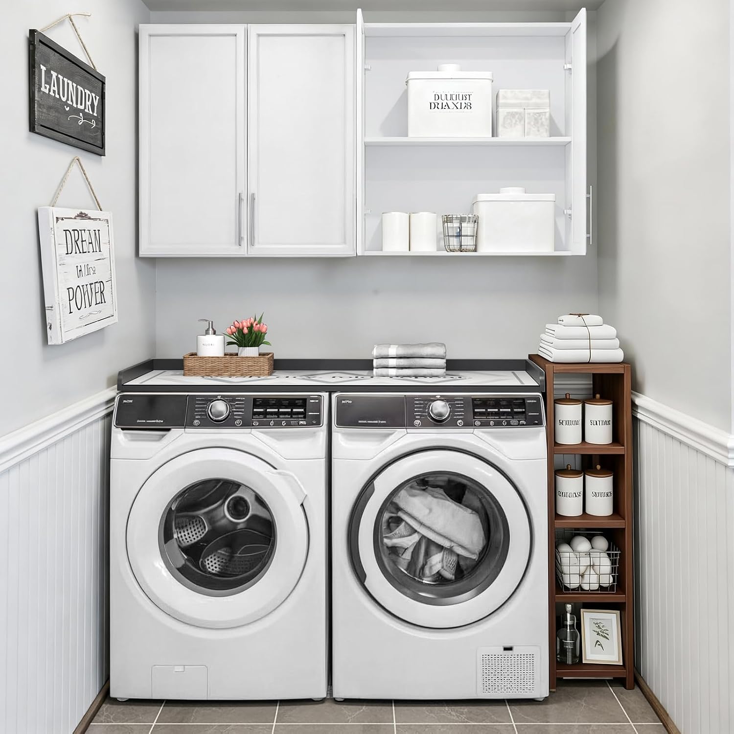 FIMELLO 60' Laundry Room Wall Cabinets and 27.6' x 54' Washer and Dryer Countertop Set, Laundry Room Cabinets Wall Mounted, Upper Cabinets Floating Cabinet - Grey Laundry Countertop