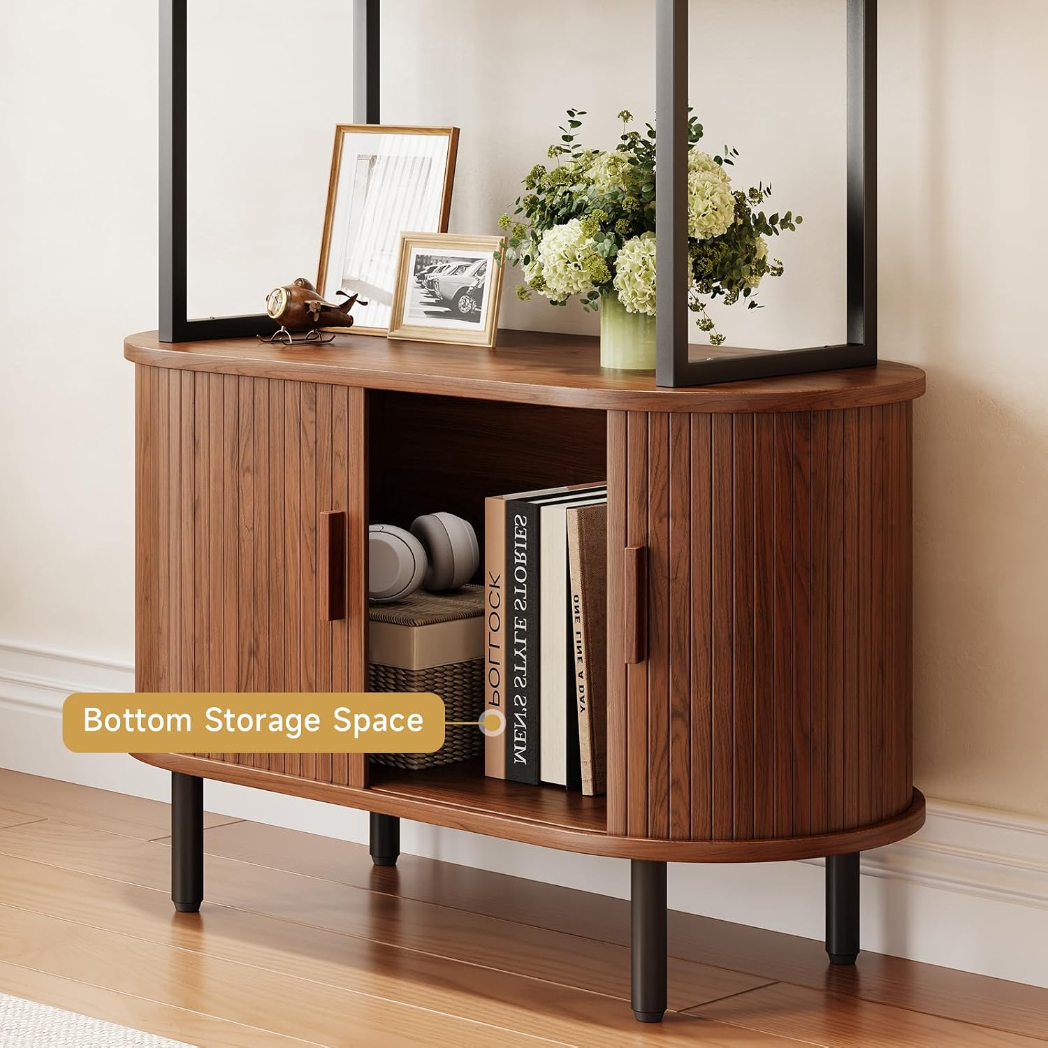 5 Tier Tall Bookshelf with Cabinet, Fluted Bookcase with Sliding Door, Metal and Wood Display Shelf, Free Standing Storage Shelving Unit, Corner Storage Organizer for Living Room, Home Office, Walnut