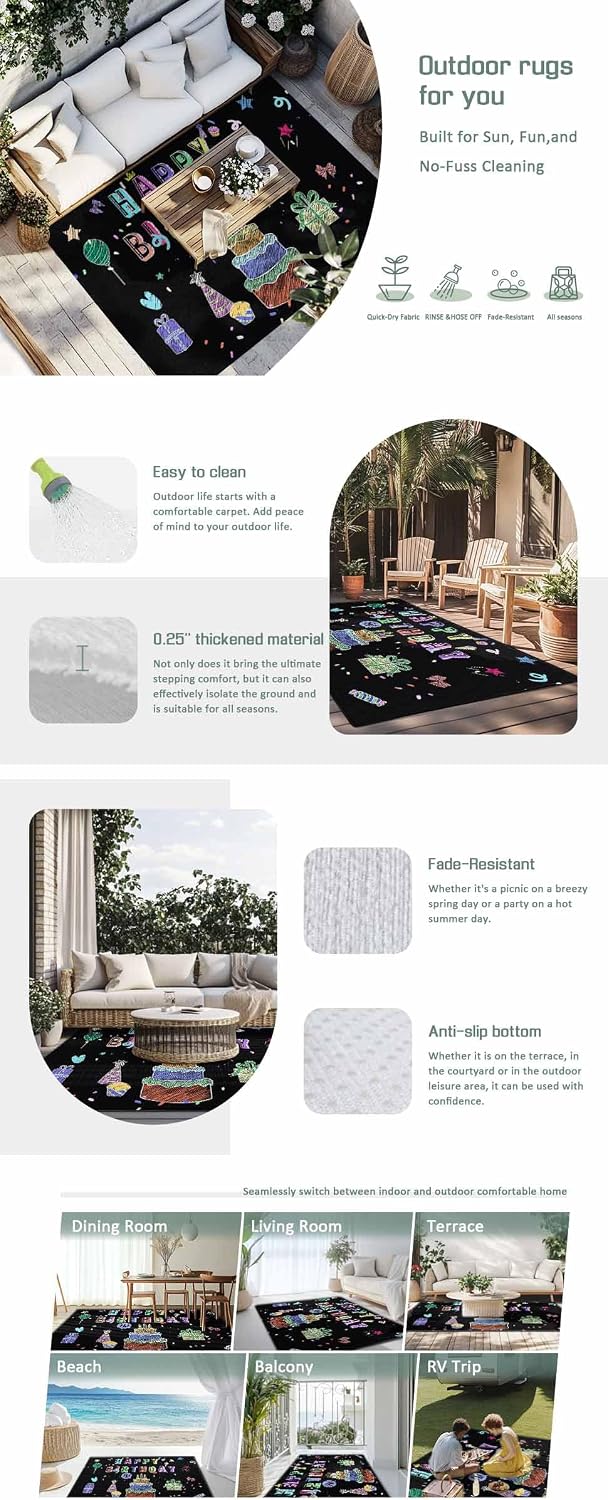 Outdoor Rug 4x6ft Happy Birthday Colorful Line Cake Present Box Patio Area Rugs Waterproof Easy Cleaning Non Shedding Thick Mats Black Carpet for Indoor Outdoor Porch Deck Backyard Balcony
