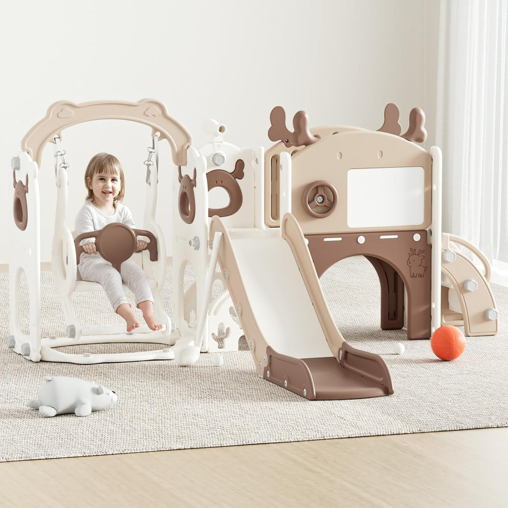 Mloong 12 in 1 Toddler Slide and Swing Set, Kids Slide for Toddlers 1-3 Years Old Baby, Indoor Outdoor with Basketball Hoop Drawing Golf for Kids Easy Assembly(Beige & Rosy Brown)(82×67×41in)