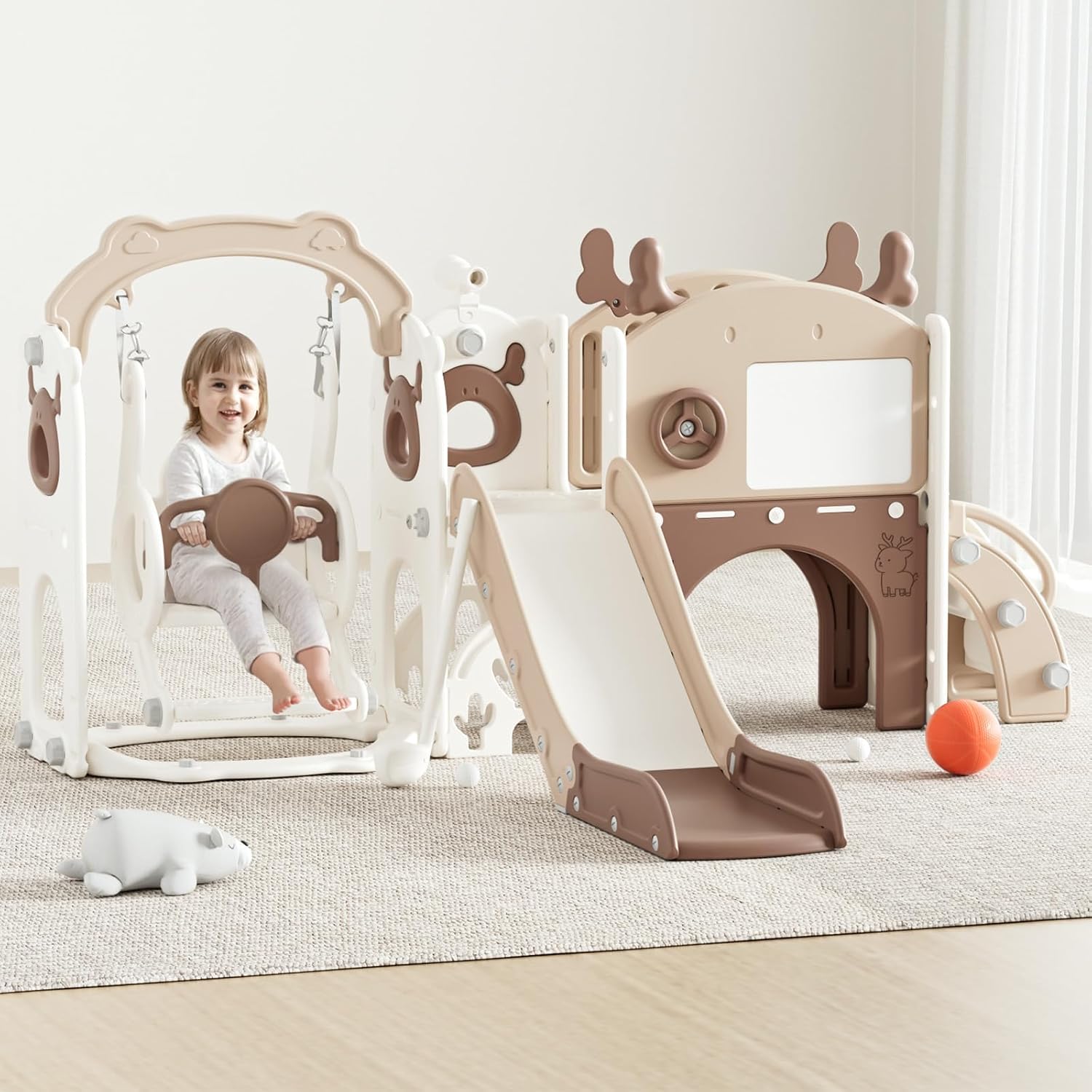 Mloong 12 in 1 Toddler Slide and Swing Set, Kids Slide for Toddlers 1-3 Years Old Baby, Indoor Outdoor with Basketball Hoop Drawing Golf for Kids Easy Assembly(Beige & Rosy Brown)(82×67×41in)