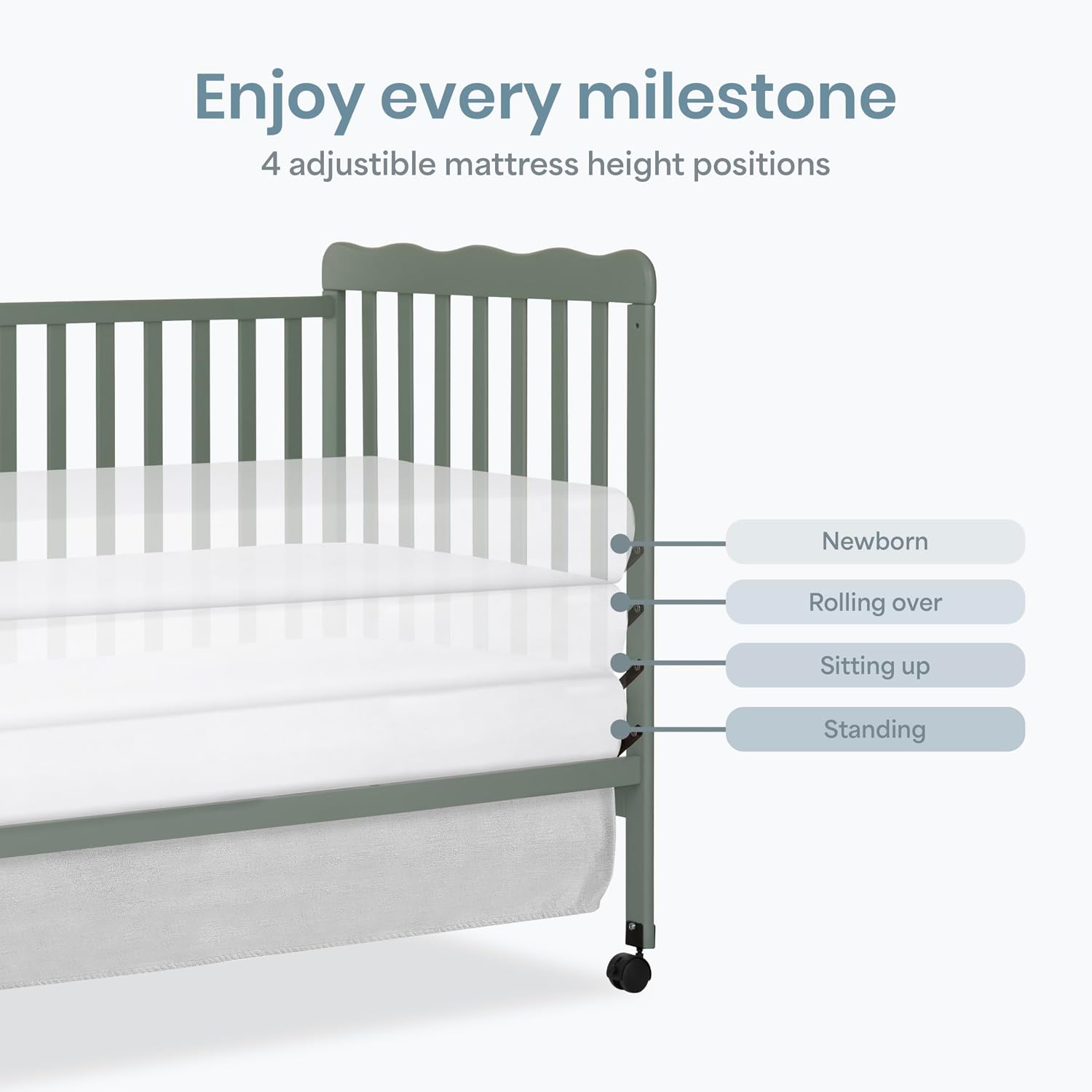Dream On Me Carson Classic 3-in-1 Convertible Full-Size Baby Crib in Meadow Green, GreenGuard Gold & BSA, 4 Mattress Heights, Converts to Day & Toddler Bed, Locking Wheels, Classic Nursery Design