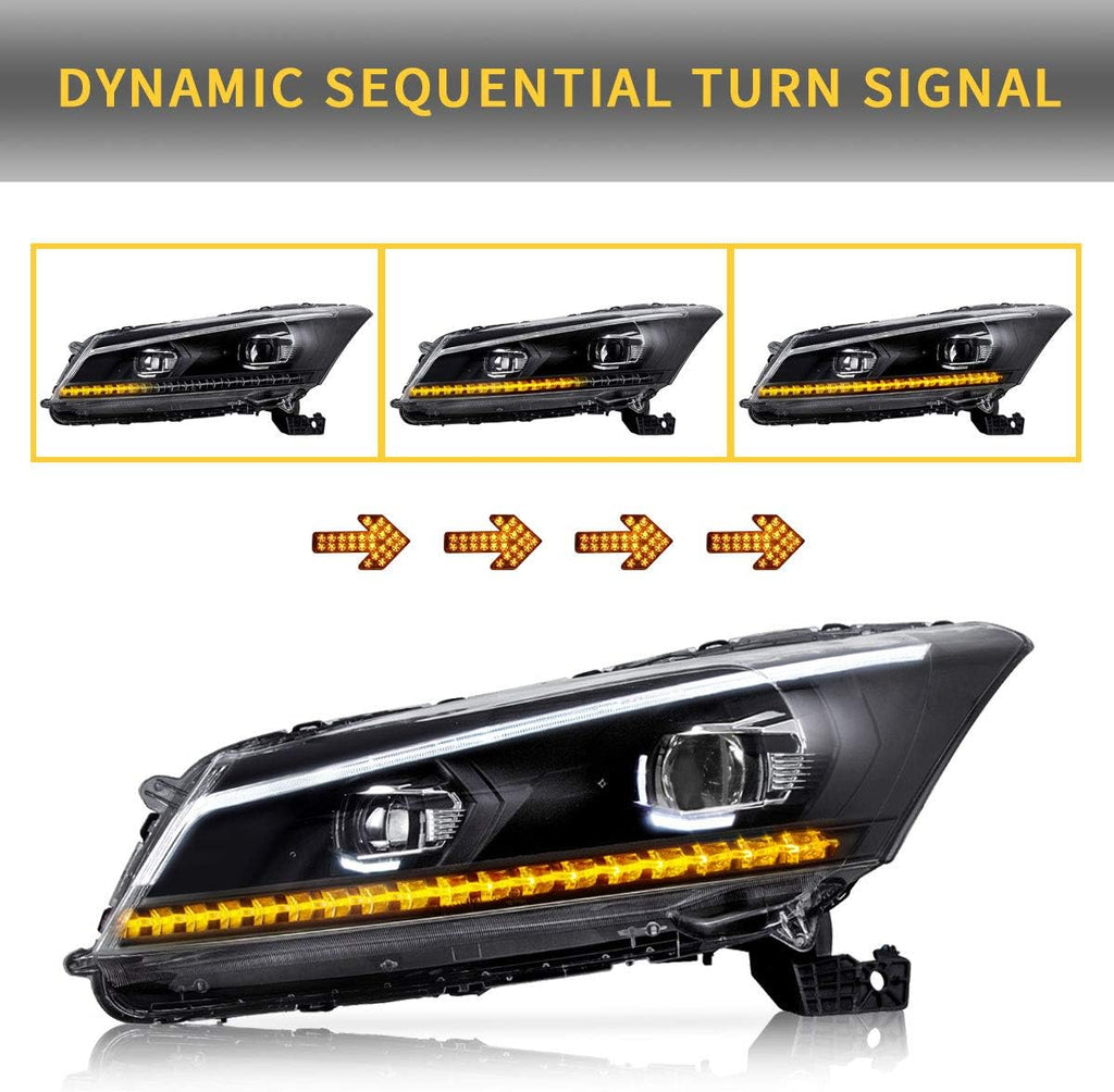 VLAND LED Projector Headlights Assembly for [Honda Accord 8th Gen 4-Dr Sedan 2008 2009 2010 2011 2012 (NOT fit 2-Dr Coupe)] with Sequential Turn Signal, YAA-HD-0145AH, Both Side (Hella)