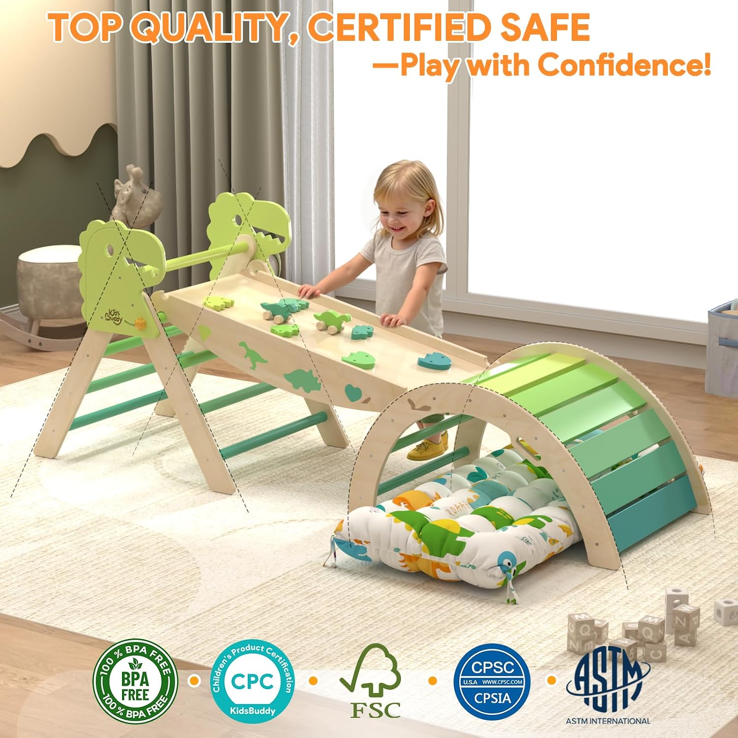Pikler Triangle Set with Cushion 9 in 1 Climbing Toys for Toddlers 1-3 Indoor Baby Climbing Gym Toddler Montessori Toys Wooden Toy with Maze Toy, Shape Sorter, Dinosaur Car