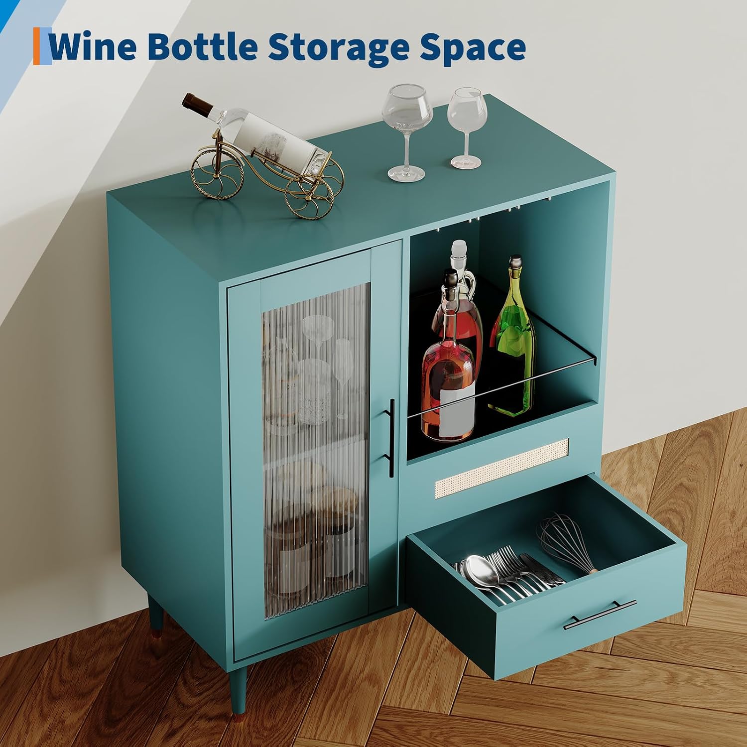 GarveeHome Modern Wine Bar Cabinet with Wine Glass Rack, Glass Door Display and Drawers, Coffee Bar & Liquor Cabinet with Storage, Buffet Sideboard Table for Home, Kitchen, Dining Room, Living Room