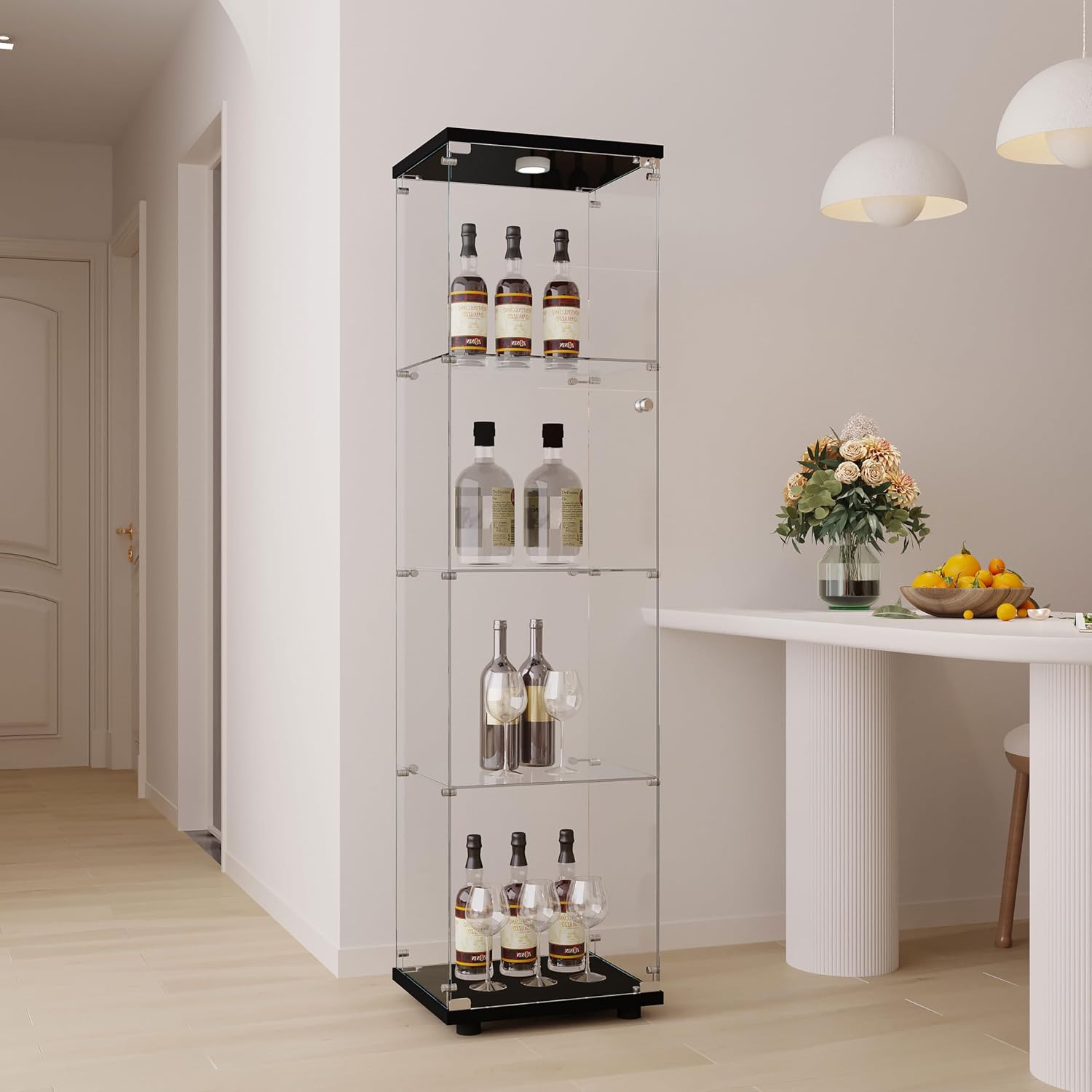 64.69' Tall Tempered Glass Display Cabinet with LED Lights, Curio Cabinet with 4 Shelves with 1 Door, Quick-Install Style Floor Standing Bookshelf File Cabinet for Living Room Office