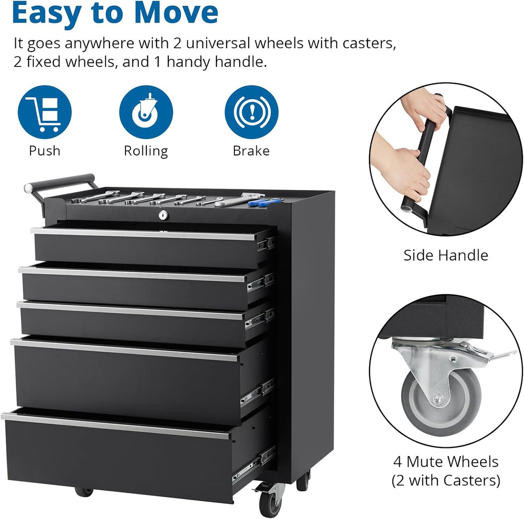 OUTLANE Heavy Duty 5 Drawers Tool Storage Cabinet, Rolling Tool Chest with Lockable Wheels, Side Handle, Portable Tool Cabinet Organizer for Warehouse, Workshop & Repair Shop