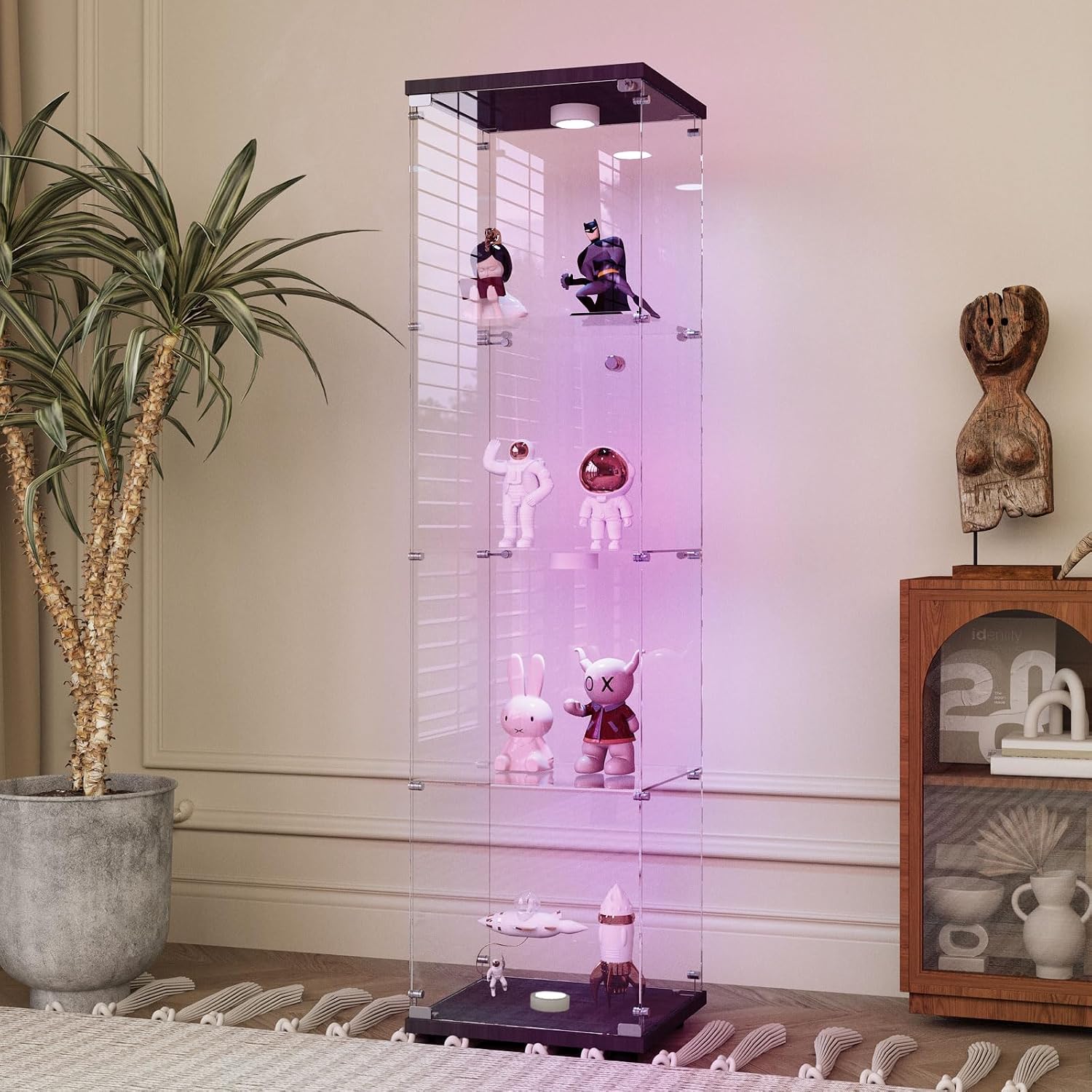 64.69' Tall Tempered Glass Display Cabinet with LED Lights, Curio Cabinet with 4 Shelves with 1 Door, Quick-Install Style Floor Standing Bookshelf File Cabinet for Living Room Office