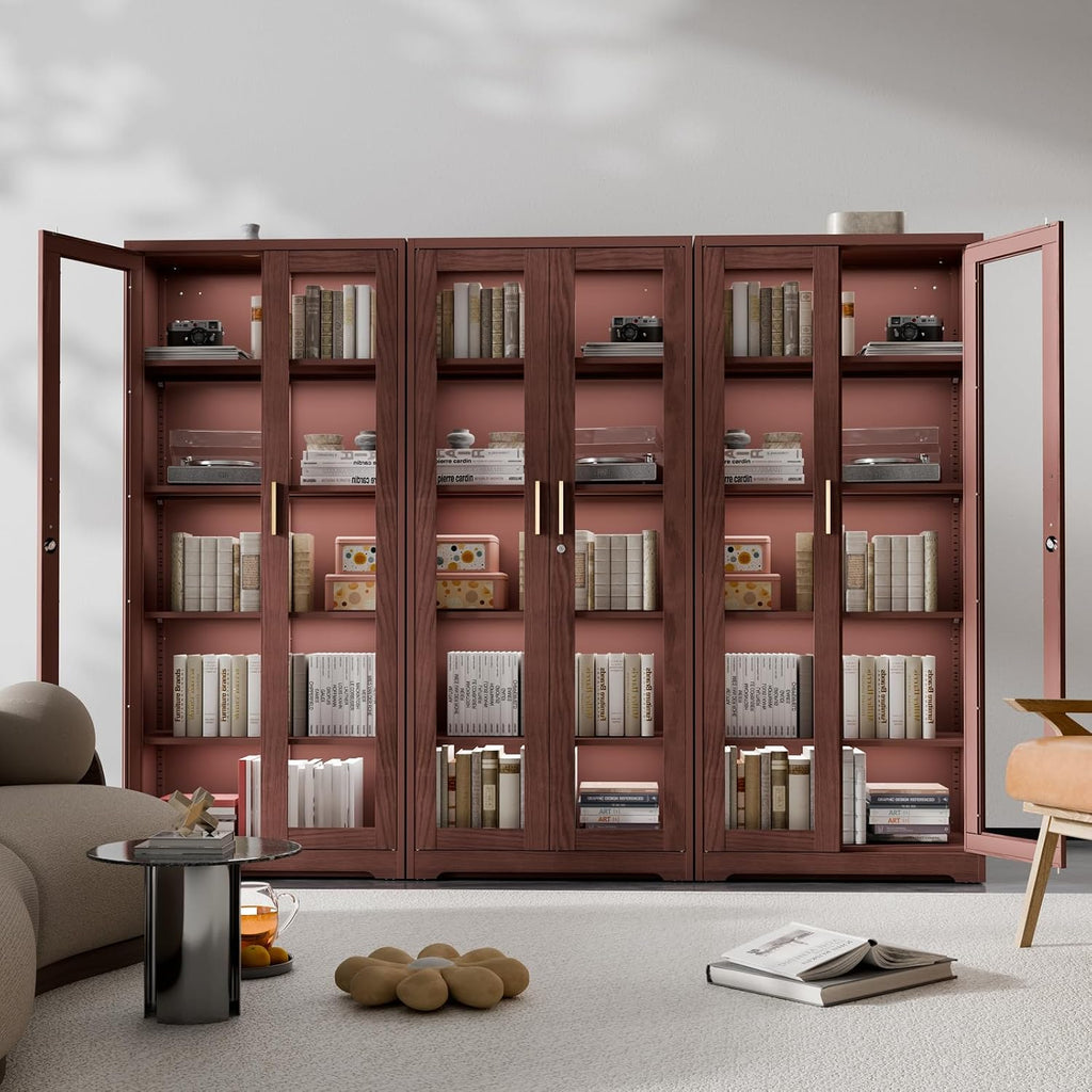 Display Cabinet with Glass Doors,71' Metal Curio Cabinets with 4 Adjustable Shelves, 5 Tier Display Case for Collectibles, Metal Storage Cabinet, Brown