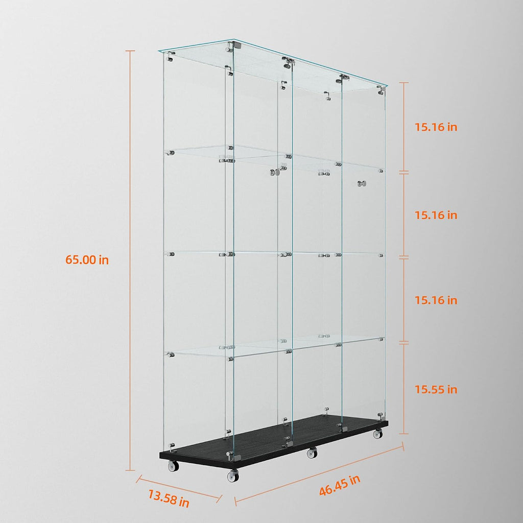 65' Tall Tempered Glass Display Cabinet with LED Lights&Rolling Wheels, Curio Cabinet with 4 Shelves with 2 Door, Quick-Install Style Floor Standing Bookshelf File Cabinet for Living Room Office