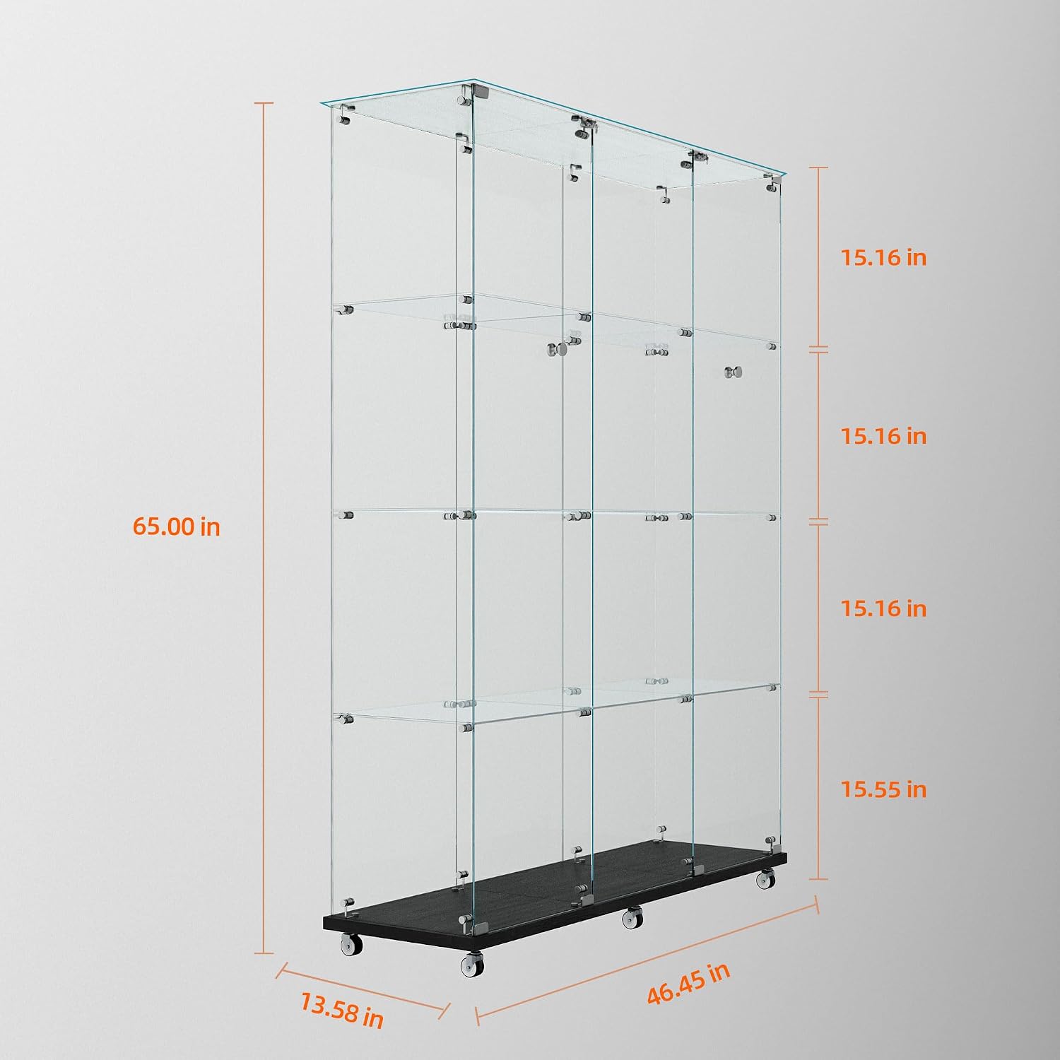 65' Tall Tempered Glass Display Cabinet with LED Lights&Rolling Wheels, Curio Cabinet with 4 Shelves with 2 Door, Quick-Install Style Floor Standing Bookshelf File Cabinet for Living Room Office