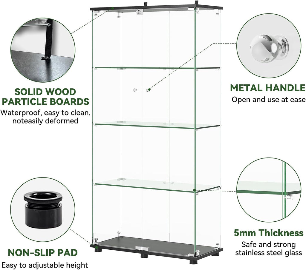 Ball & Cast Glass Display Cabinet with Double Door and Lock,4 Tier Curio Cabinet 5mm Tempered Glass Floor Standing Bookshelf for Living Room,Office,Easy Assembly,Black