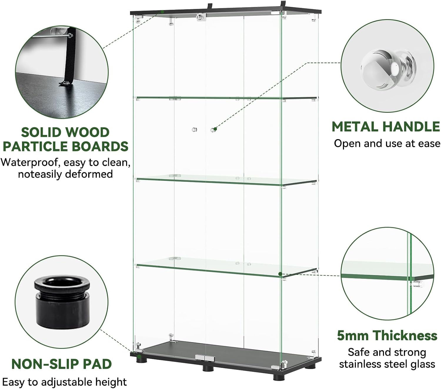 Ball & Cast Glass Display Cabinet with Double Door and Lock,4 Tier Curio Cabinet 5mm Tempered Glass Floor Standing Bookshelf for Living Room,Office,Easy Assembly,Black