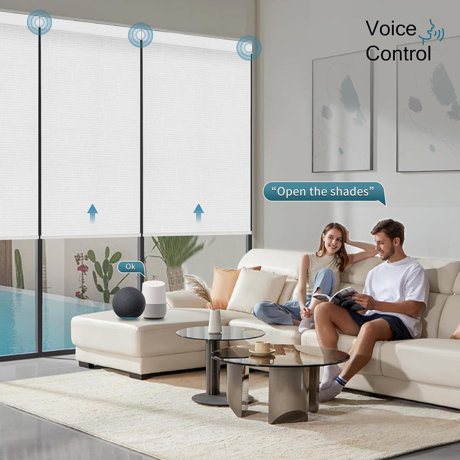 Motorized Roller Shade, 100% Blackout Smart Window Blinds Work with Homekit, Alexa, Google Home, Remote Control, Electric Blinds with USB/Solar Pannel Charging, Texture White