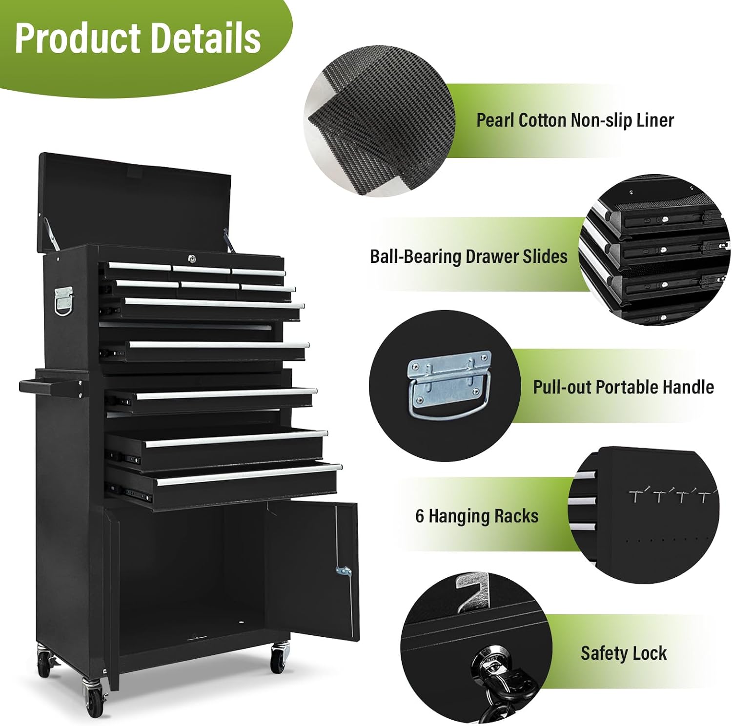 13 Drawers Tool Chest with Wheels, Rolling Tool Box with Drawers, Metal Tool Cabinet for Garage, Workshop(Black)
