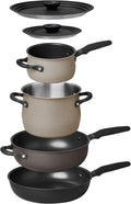 Meyer 6pc Stackable Set with Universal Lids | Hard Anodized Non Stick and Stainless Steel Pots and Pans | Induction Compatible | Dishwasher Safe | Oven Safe | Black & Gray | Accent Series Cookware