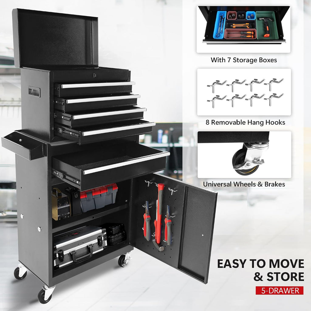 Rolling Garage Workshop Organizer Detachable 5 Drawer Tool Chest with Large Storage Cabinet and Adjustable Shelf, Black