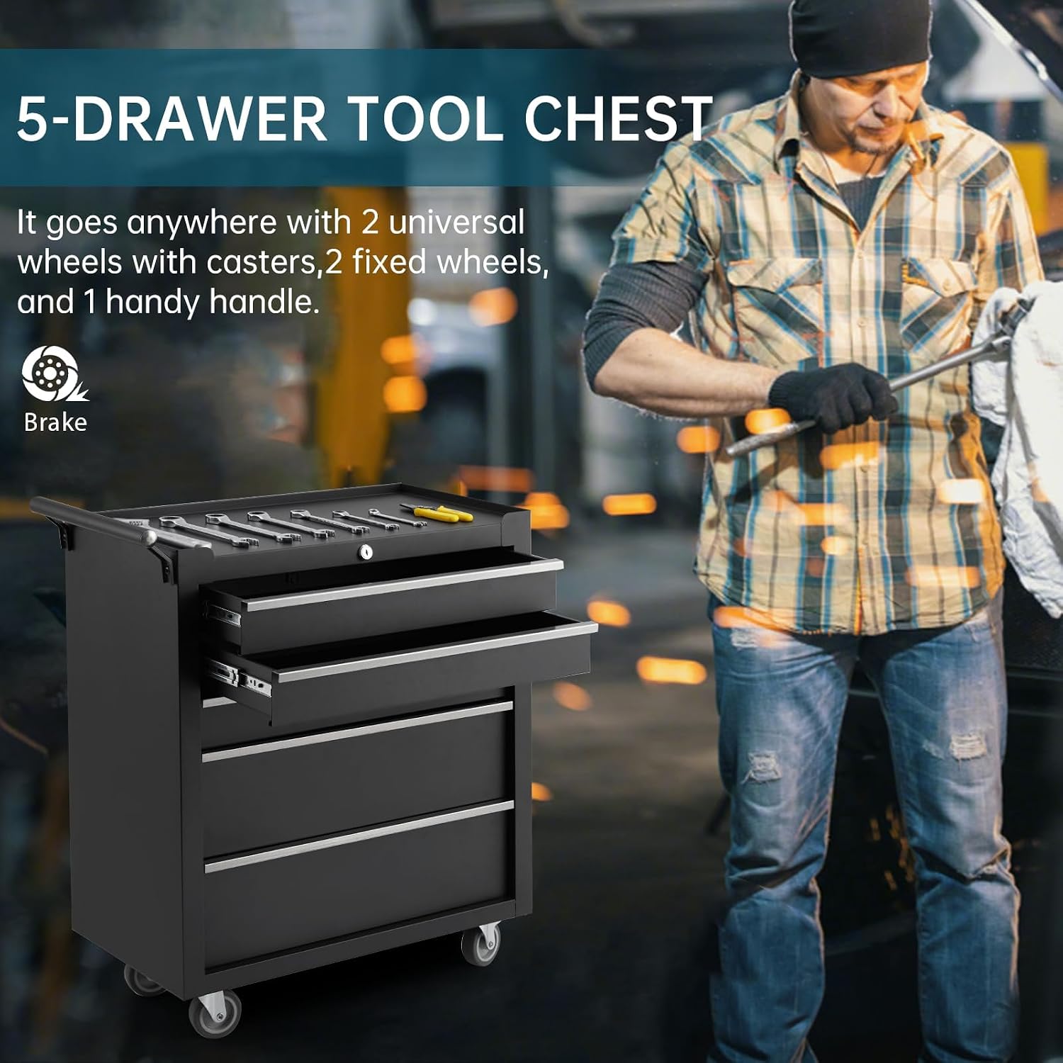 OUTLANE Heavy Duty 5 Drawers Tool Storage Cabinet, Rolling Tool Chest with Lockable Wheels, Side Handle, Portable Tool Cabinet Organizer for Warehouse, Workshop & Repair Shop