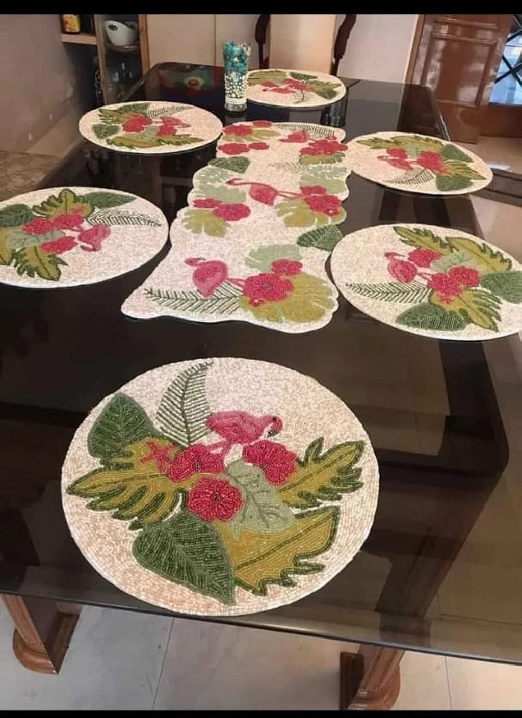HM CREATIONS Flamingo Table Runner, Handmade Bead Table Runner, Multicolor Summer Table Runner 13X36 Inches floral Table Runner for Center Table, Dinning Decoration. (Place Mats)