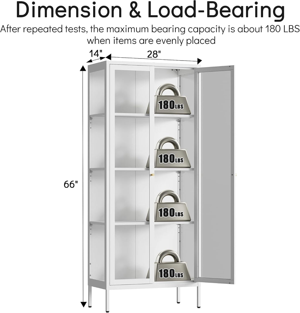 Polup Glass Display Cabinet with Glass Doors, White Curio Cabinet with 3 Side Tempered Glass, 66' Tall Bookcase Display Case for Collectibles, Metal Storage Cabinet for Living Room, Assemble Required
