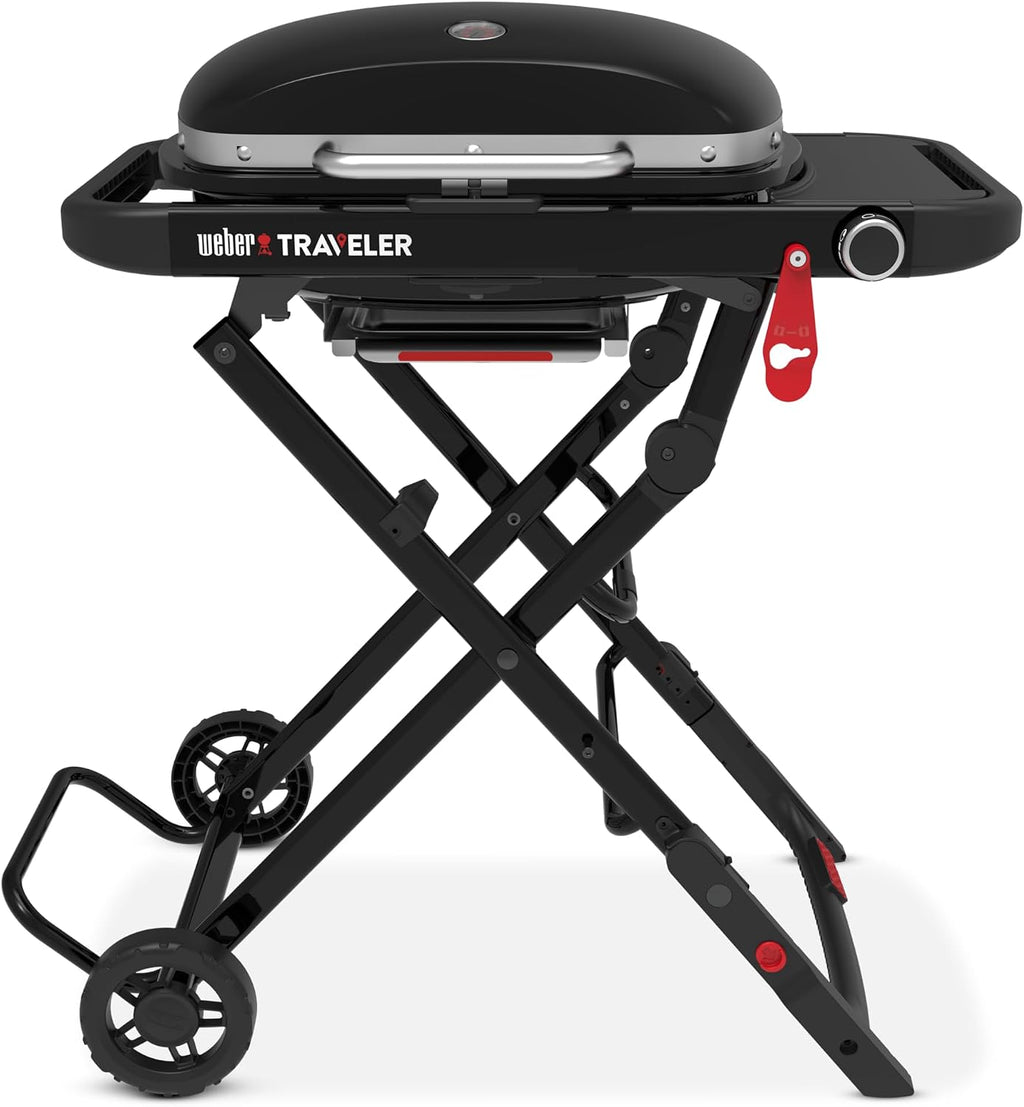 Weber Traveler® Compact Portable Gas Grill (Liquid Propane) for Outdoor Cooking – Black, Porcelain-Enameled Lid, Side Table, Folding Portable Grill with Wheels for Camping, Tailgating & Travel