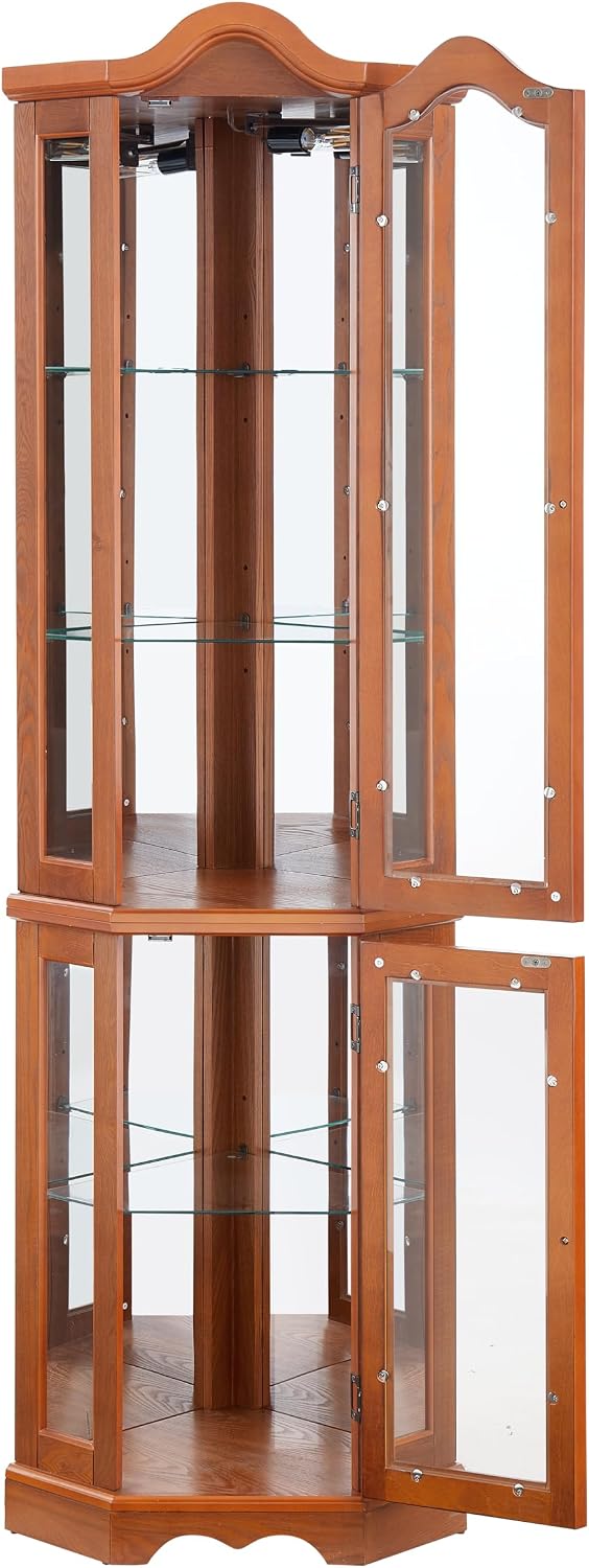 Classic Corner Curio Cabinet with Lights, Glass Display Cabinet for Living Room - Adjustable Tempered Glass Shelves, Wall Mountable, Oak Finish (Oak)