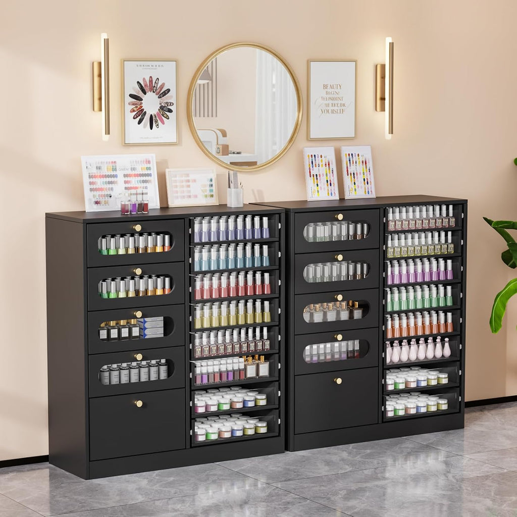 OmySalon Nail Salon Organizer Cabinet, 32' L Floor Storage with 8 Clear & 4 Visual Drawers, Wooden Display for Polish & Powder, Beauty Salon Furniture (Black, 32'' Length)