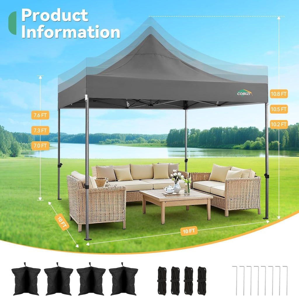 COBIZI 10x10 Pop up Canopy Tent Heavy Duty, Easy Set-up Commercial Outdoor Party Tent, 100% Waterproof Wedding Tents Gazebo, 3 Height Adjustable with Wheeled Bag, Gray