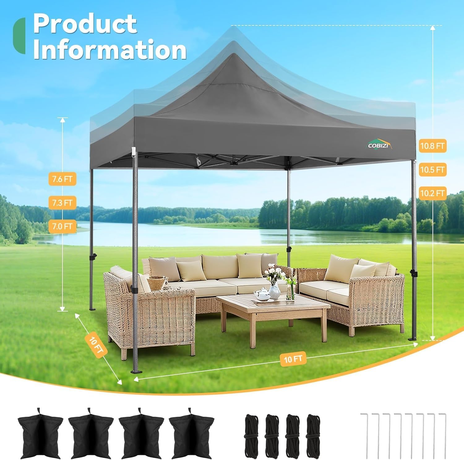 COBIZI 10x10 Pop up Canopy Tent Heavy Duty, Easy Set-up Commercial Outdoor Party Tent, 100% Waterproof Wedding Tents Gazebo, 3 Height Adjustable with Wheeled Bag, Gray
