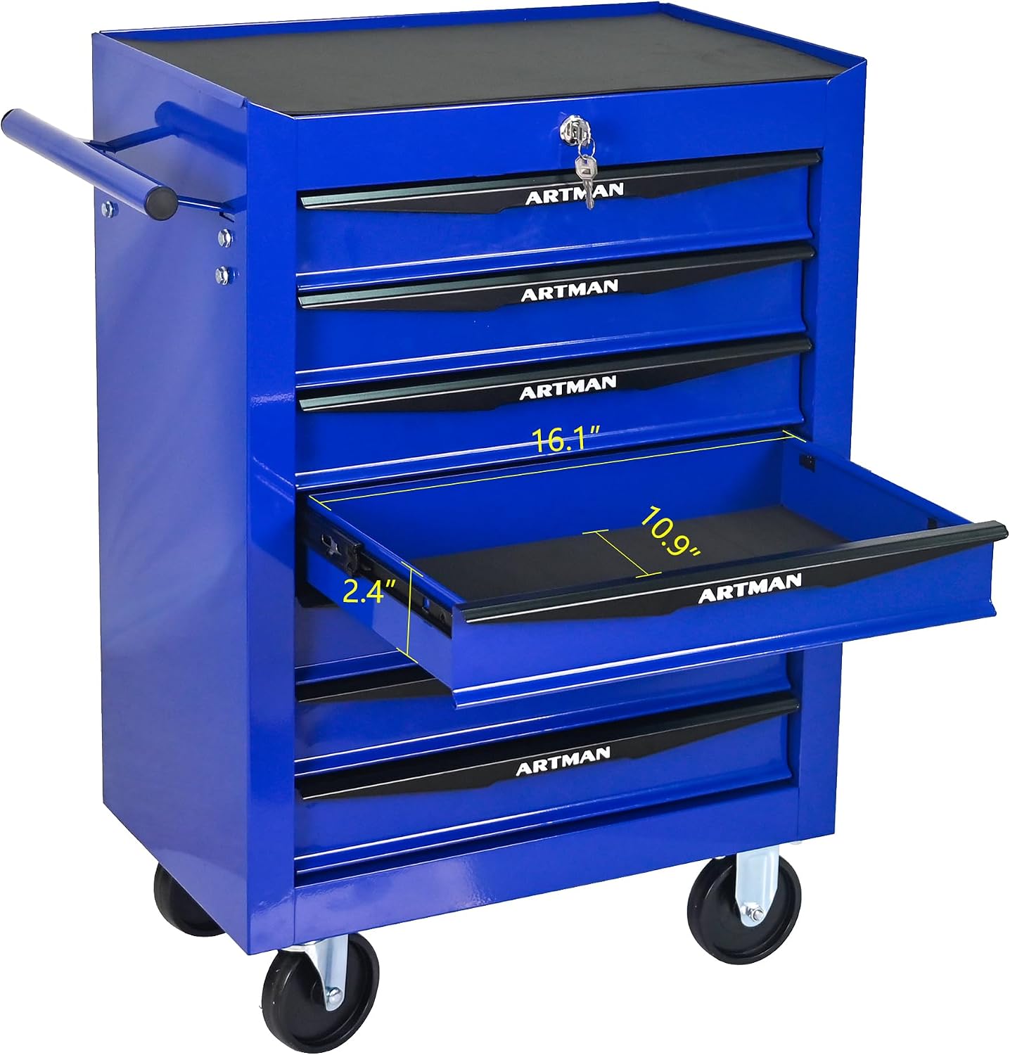 Rolling Tool Chest Cart with 7 Drawers,Storage Tool Cabinet on 4 Wheels. Lockable Tool Cart with Drawer Liners.Steel Tool Box Organizer for Garage,Repair Workshop-Blue