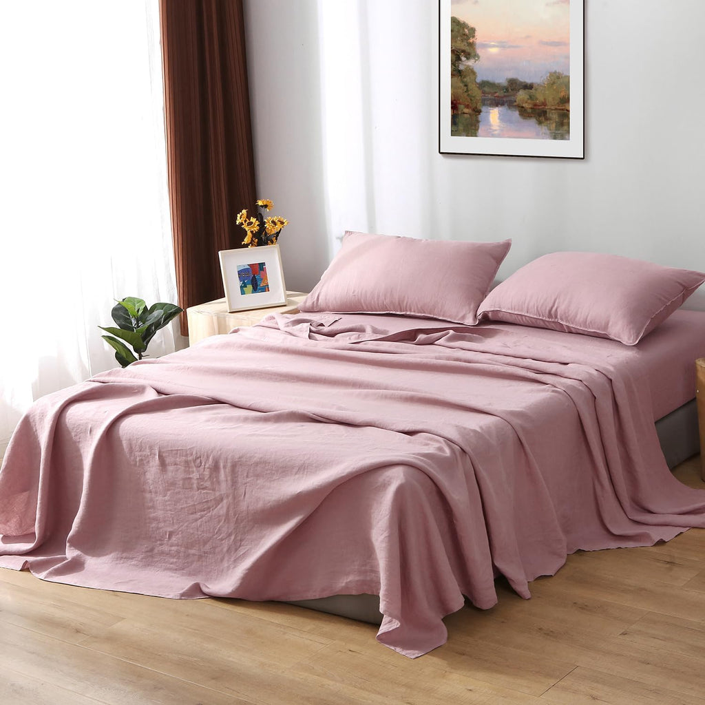 S VICTORY SYMBOL Organic Linen Sheets Set,100% French Natural Linen Bedding,Ultra Soft Luxurious Stone Washed Flax Bed Sheets 4 Pieces (Pink Lavender,Full)