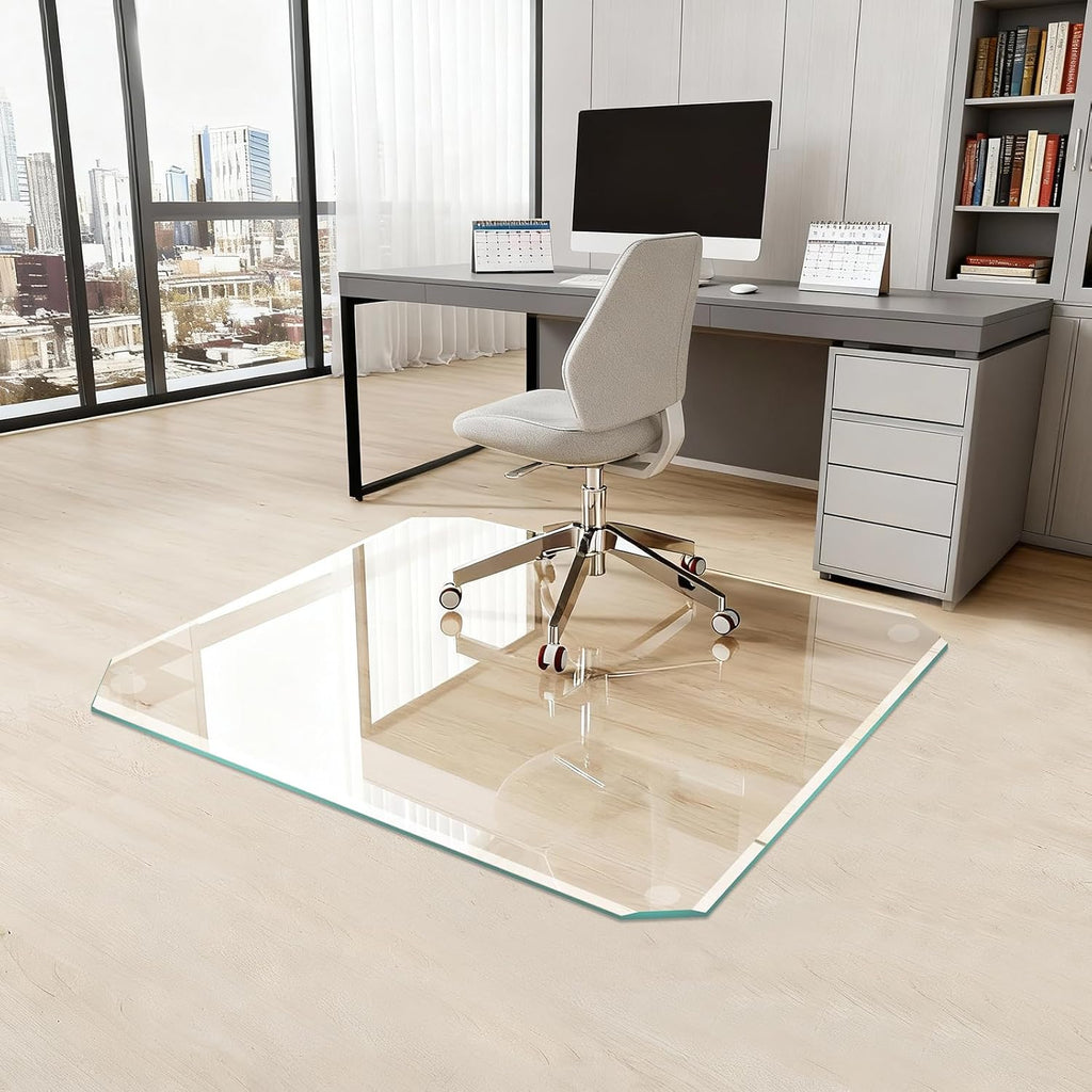 Tempered Glass Chair Mat with Patented Beveled Edge, 36'x46' 1/5' Thick Office Floor Mat for Carpet & Hardwood, w/ 12 Anti-Slip Pads