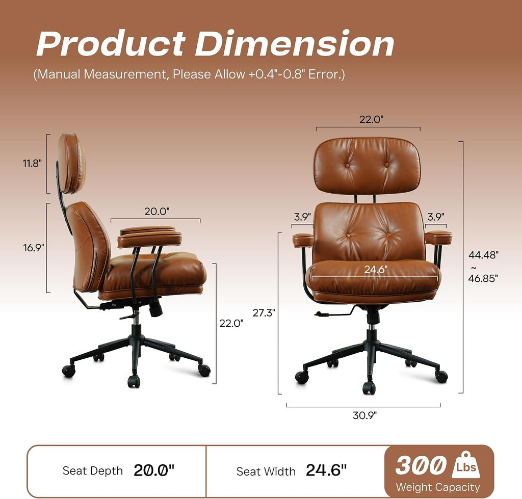 CAODOC Big and Tall Office Chair, 300LBS PU Leather Executive Office Chair Whit Lumbar Support, Managerial Home Desk Chair, Heavy Duty High Back Computer Chair(PU Leather Brown)