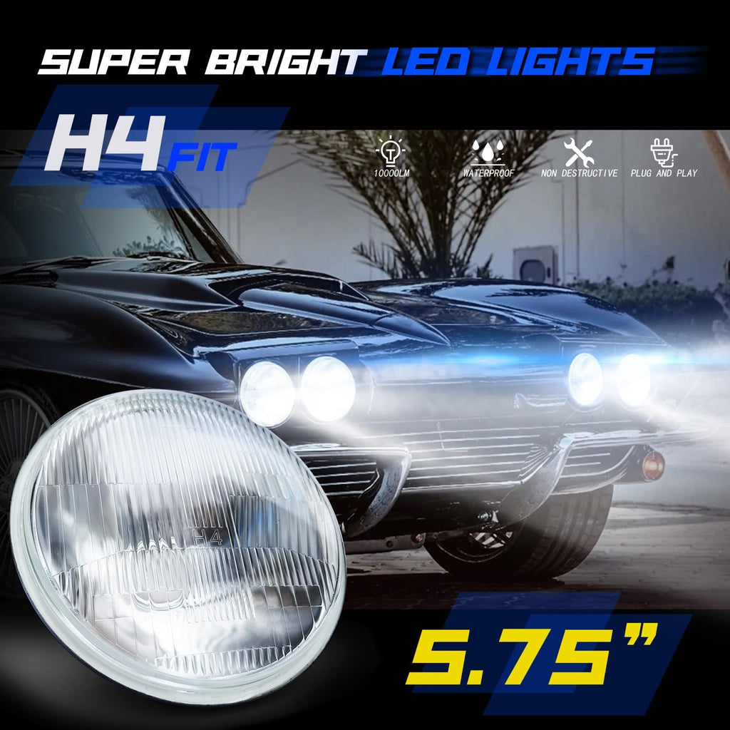 Fit For Chevy Chevelle 1964-1970 5.75' 5-3/4 H4 LED Lights High Low Beam,5.75' 5 3/4' inch Glass Lens OEM Style Compatible With LED H4/9003 High & Low Beam Light Lamp Kit, White,6000K,8-pack