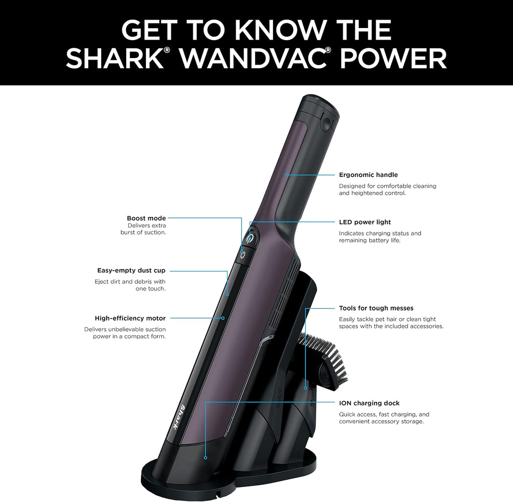 Shark WV410PR WANDVAC Cordless Hand Vacuum, Ultra-Lightweight & Portable with Powerful Suction & Tools for Pets, Designed for Car & Home, Violet