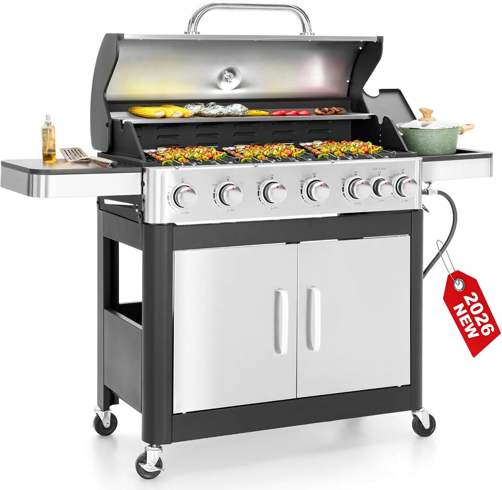 6 Burner Propane Gas BBQ Grill with Side Burner & Porcelain-Enameled Cast Iron Grate, 65,800 BTUs Barbecue Grill 665 Sq. In. Grilling Area, Outdoor Propane Grill for Camping Patio Backyard Cooking