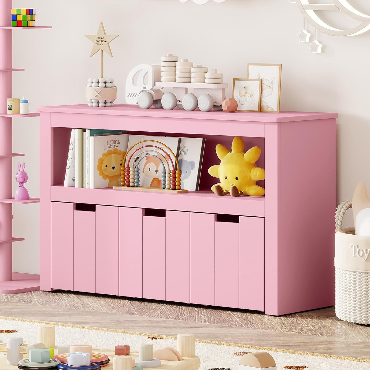 HONEY JOY Kids Toy Storage Organizer, Children Daycare Shelf, 3 Wooden Toy Box w/Wheels, Toddler Classroom Display Cabinet for Playroom, Nursery, Kindergarten (Pink)